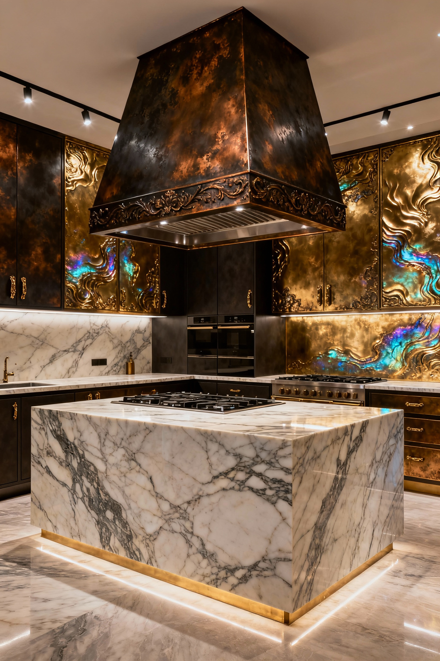 A modern luxury kitchen featuring a grand, deeply patinated bronze range hood and intricate flamed brass hardware, showcasing opulent ornate metallic embellishments.
