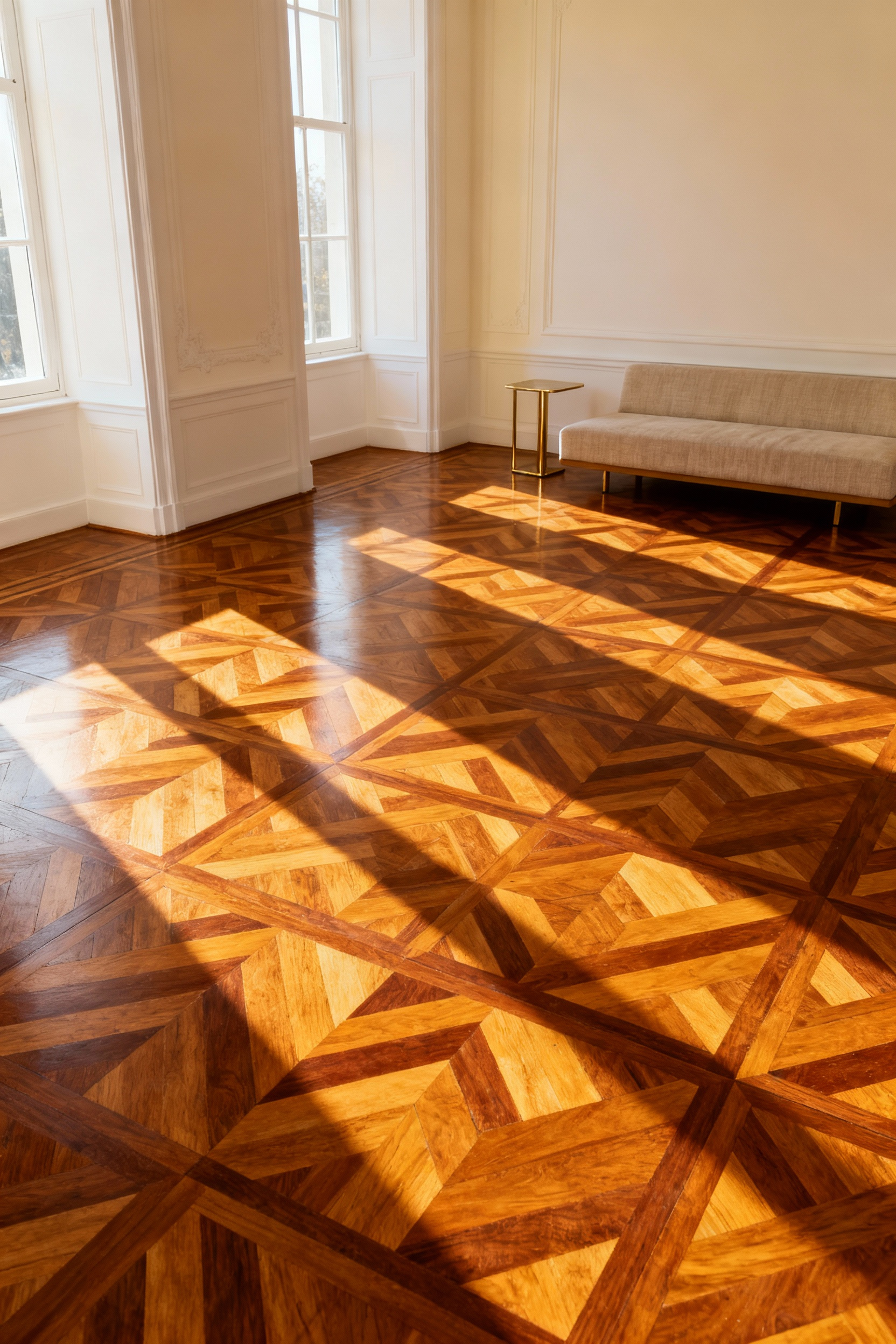A modern living room featuring intricate, high-detail Parquet de Versailles flooring made of warm honey oak, illuminated by strong morning light.