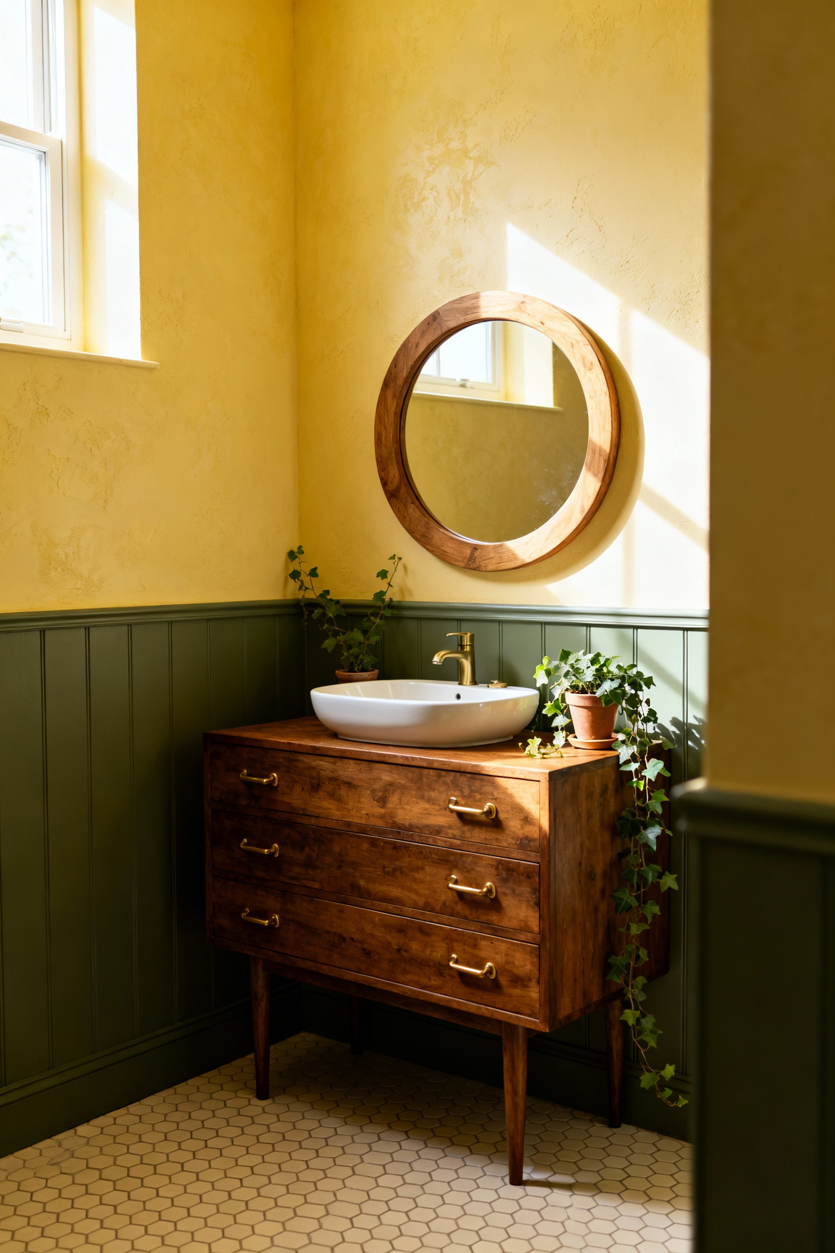 A grounded cottage bathroom featuring buttercream yellow walls and a salvaged mid-century vanity painted deep sage green, accented by warm brass fixtures and natural plant life.