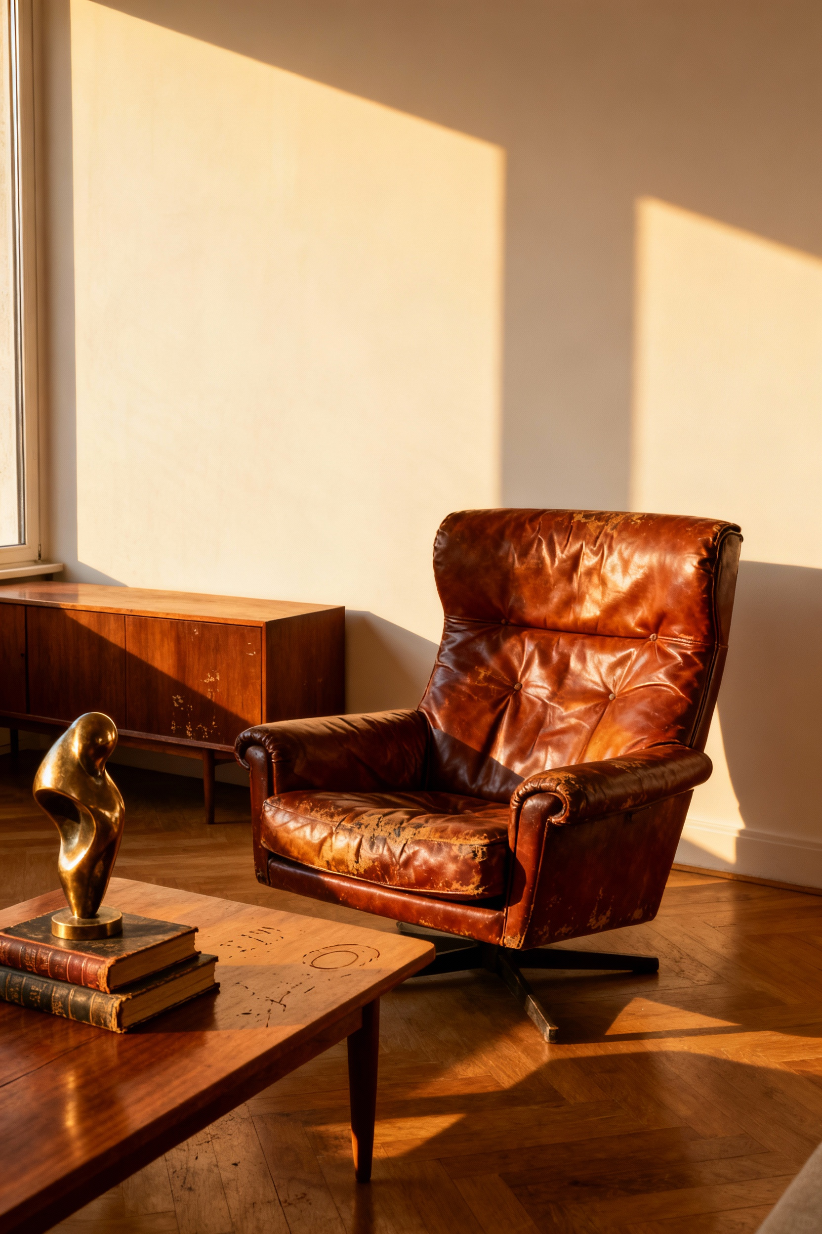 Mid-century modern living room featuring a well-worn cognac leather club chair and a scratched wooden coffee table, expertly styled to showcase the sophisticated character and beauty of furniture patina.