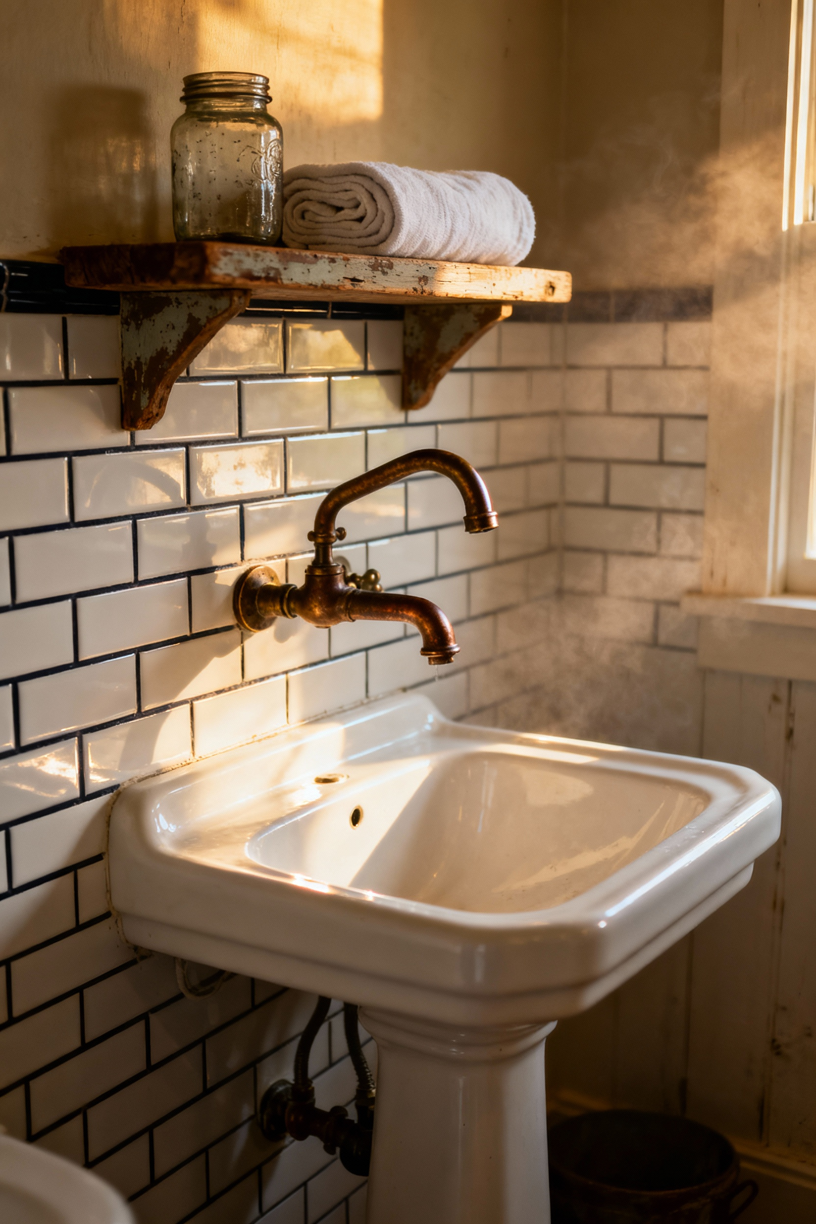 A rustic cottage bathroom featuring a white sink and wall-mounted unlacquered brass faucet hardware that has aged naturally to a deep, dark bronze patina due to humidity.