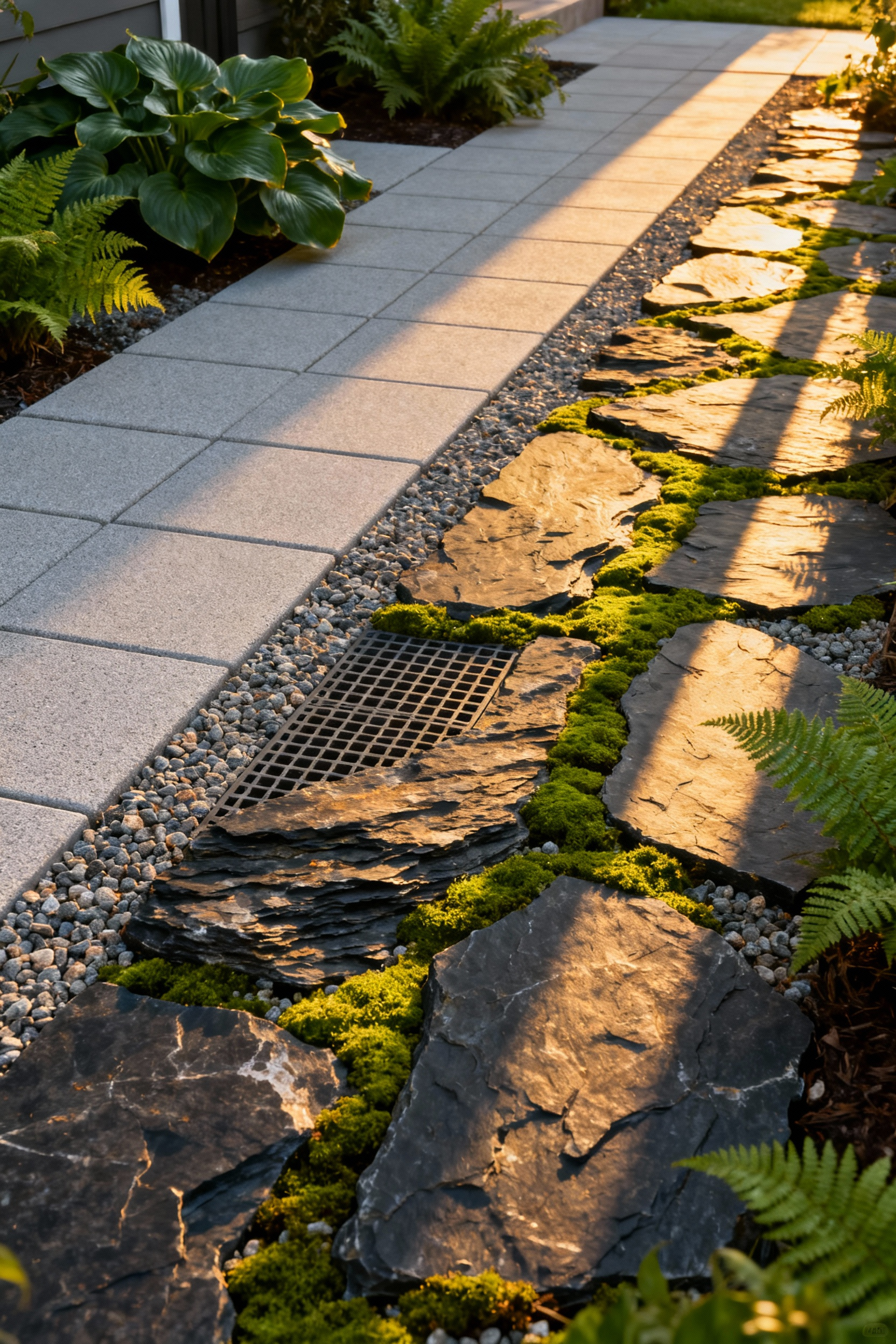 A serene back yard design showing a pathway transition from light gray permeable pavers to a dry-laid natural flagstone patio integrated with green moss and surrounded by lush garden foliage.