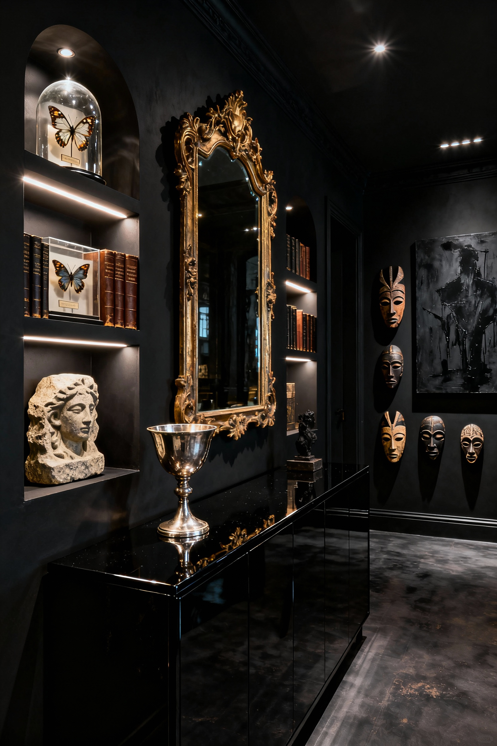 A sophisticated black dining room featuring carefully placed personal artifacts, including an antique silver chalice, stone carving, and vintage curiosities. Dramatic accent lighting highlights each piece, creating a 'Gothic Modernist' narrative.