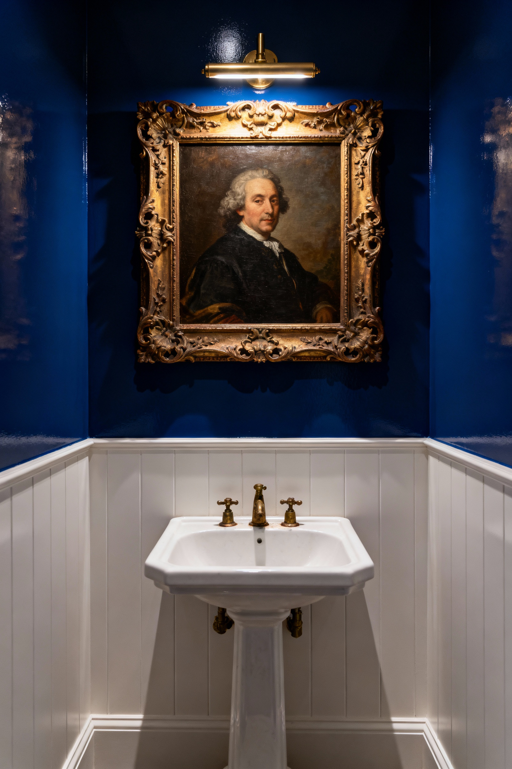 A small, high-end powder room with deep sapphire walls featuring an oversized, gilded antique oil portrait dramatically hanging above a white pedestal sink.