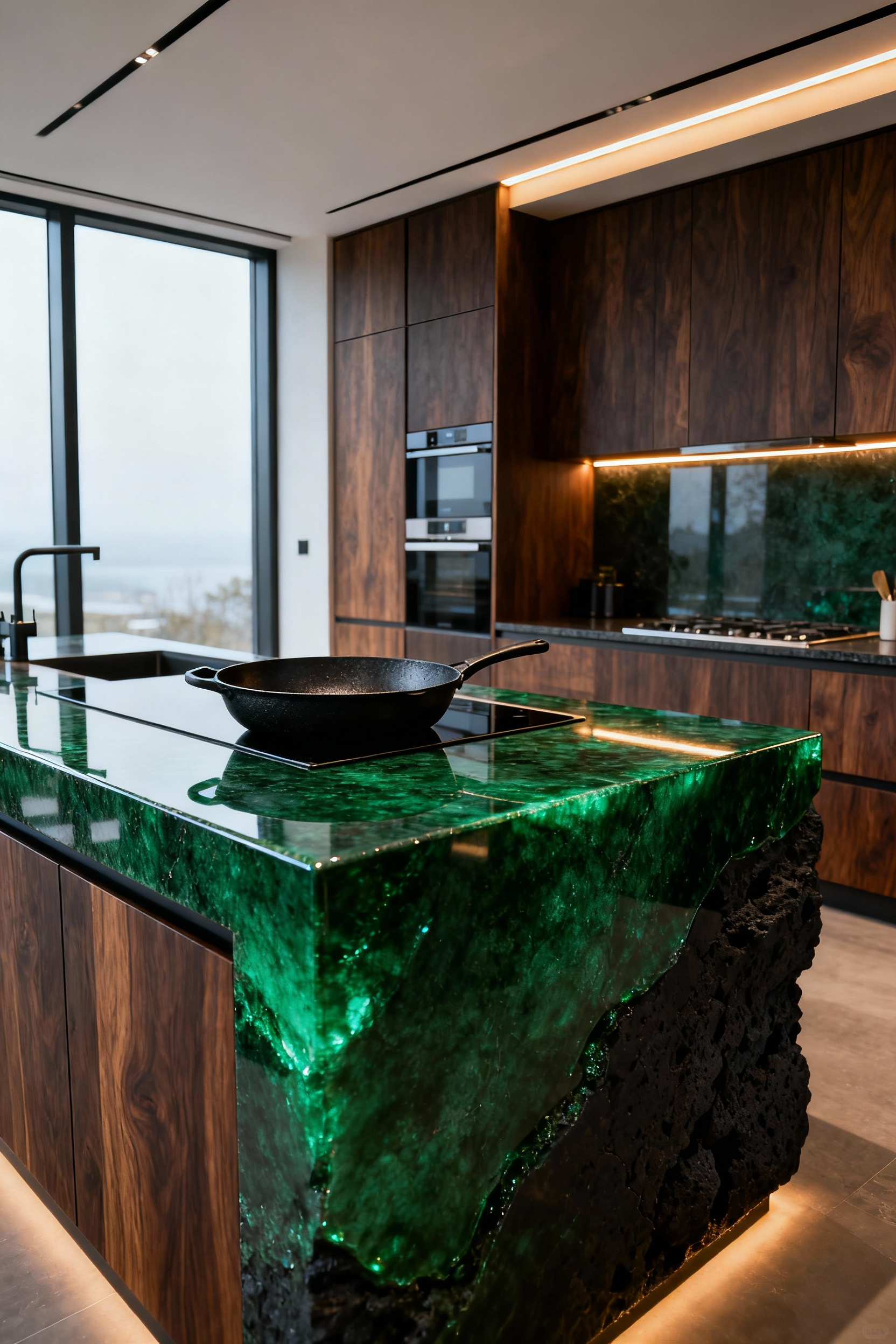 A monumental, emerald green enameled lava stone kitchen island (Pyrolave) in a high-end luxury kitchen setting, demonstrating volcanic durability and custom couture design.