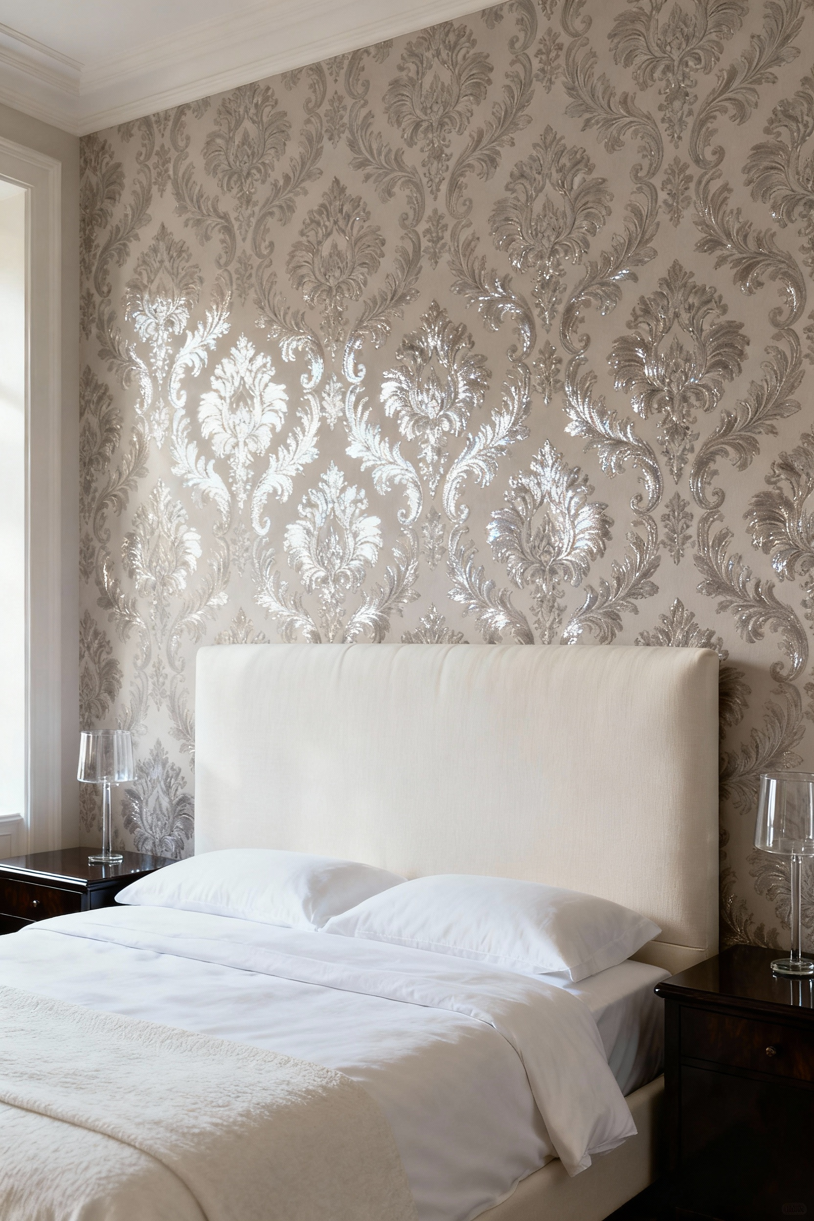 Subtle tone-on-tone damask wallpaper in pale taupe providing quiet luxury texture behind a large linen headboard in an elegant master bedroom.