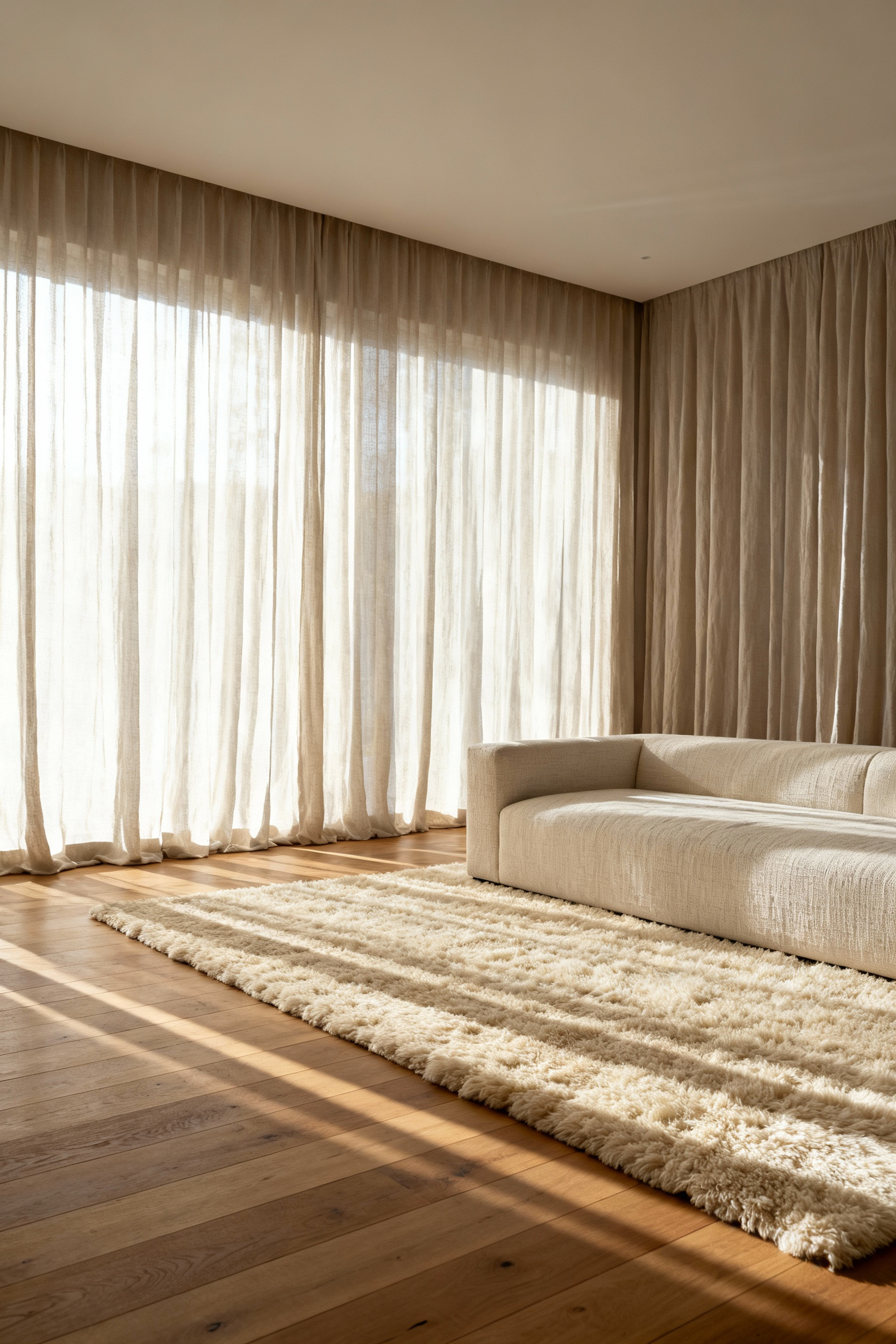 A high-end minimalist living room featuring wide plank hardwood flooring, a thick area rug, and diffused natural lighting, designed to achieve superior acoustic comfort and quiet luxury.
