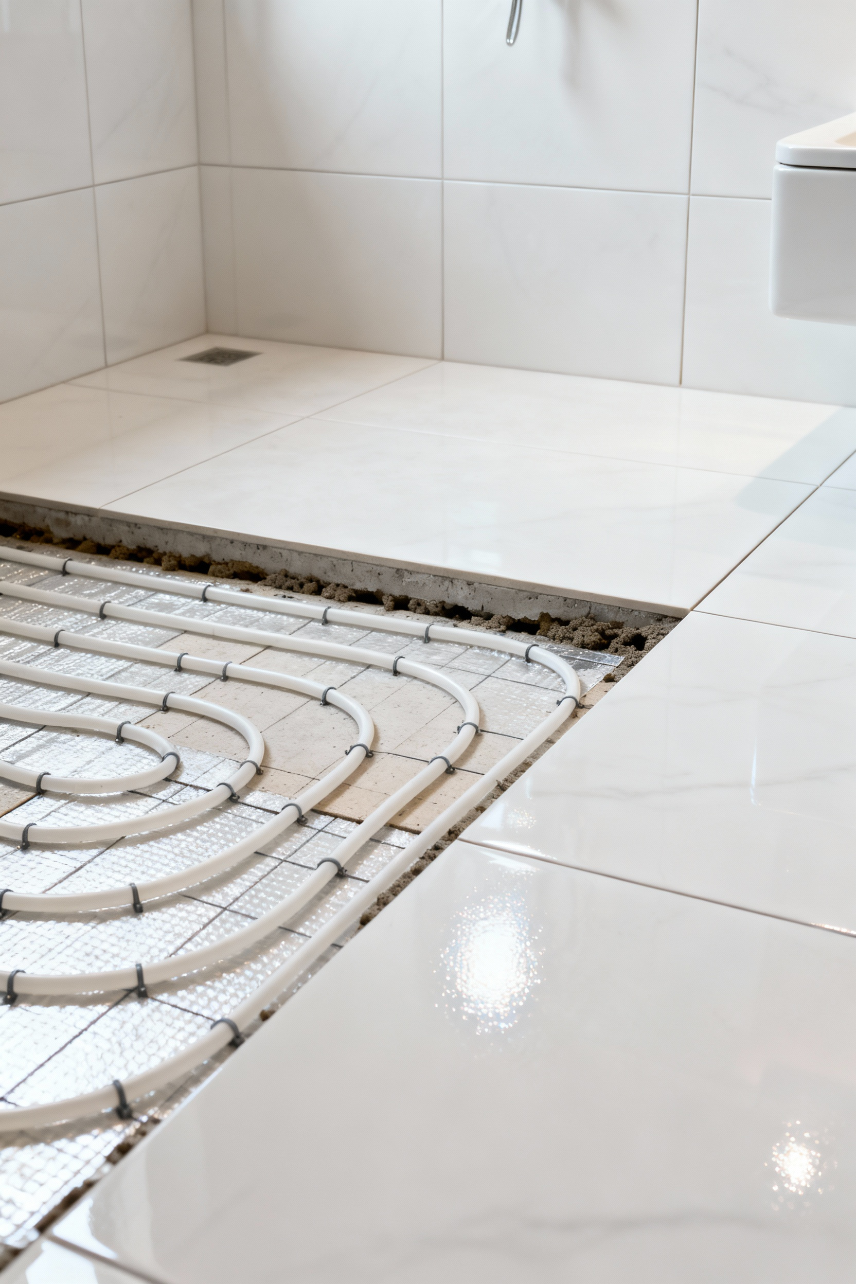 Close-up of a white bathroom floor during installation, showing radiant heating cables laid out on an insulated subfloor next to meticulously installed white porcelain tiles. Highlights the process of preparing for underfloor heating.