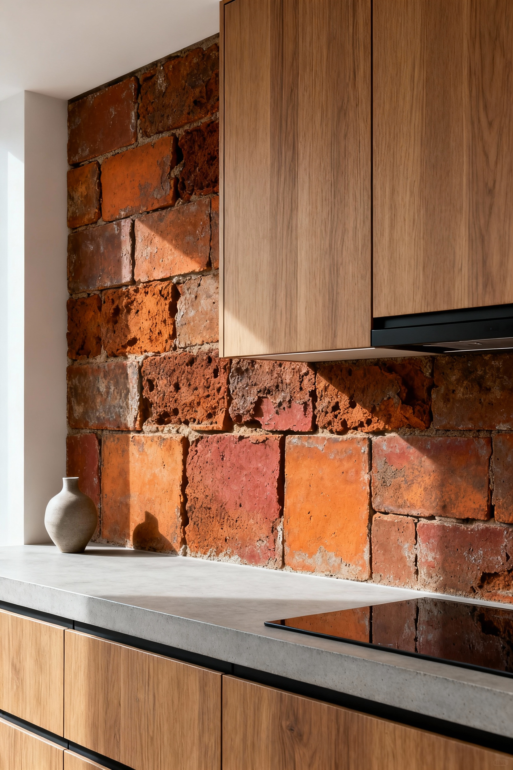 Full view of a modern kitchen featuring a rough reclaimed terracotta tile backsplash contrasted against sleek rift-sawn oak flat-panel cabinetry and minimalist matte black hardware.