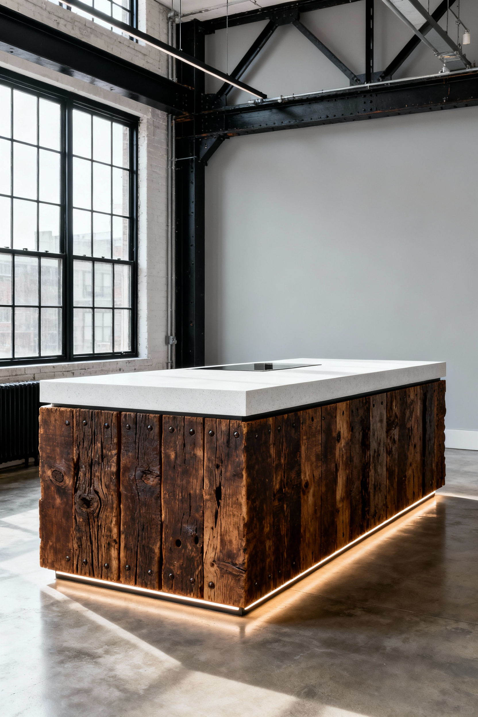 Large, modern kitchen island clad in dark, richly textured reclaimed 19th-century factory timber, set against a minimal industrial loft background with concrete floors and tall black-framed windows.