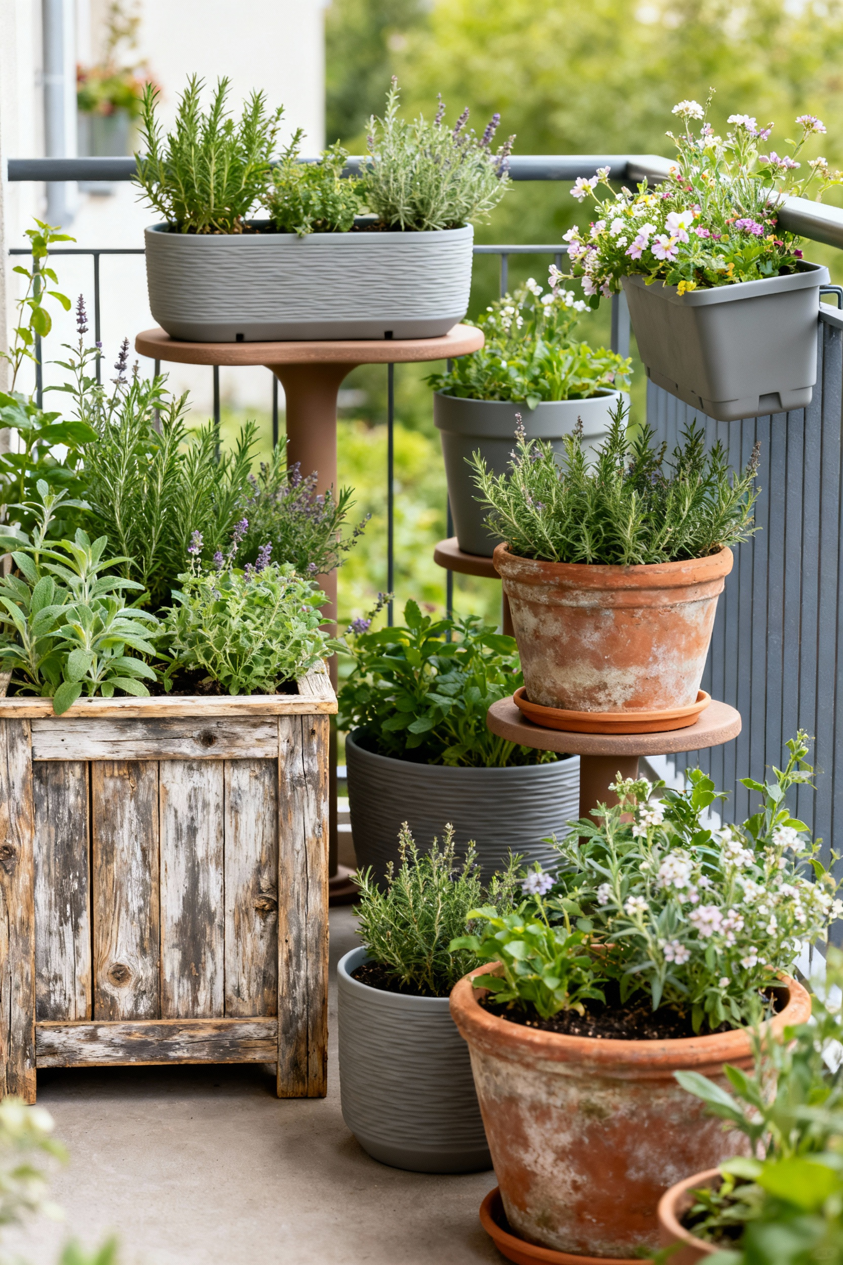 A serene balcony garden featuring a variety of recycled and ergonomic plant containers, including elevated planters made from reclaimed wood and textured recycled plastic, filled with vibrant herbs and flowers, under soft natural light, creating an eco-conscious and comfortable gardening space.