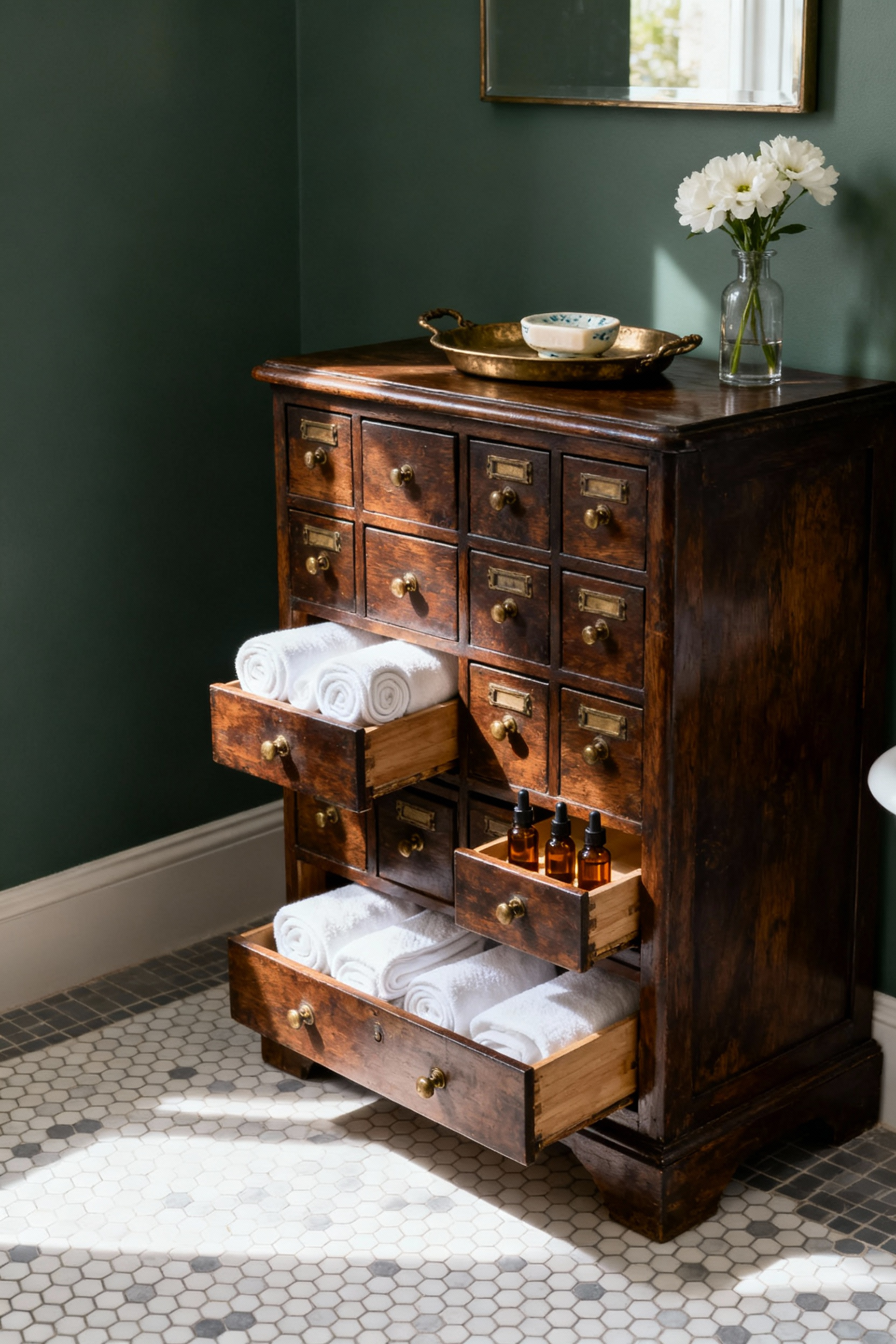 Antique dark oak apothecary cabinet repurposed for sophisticated towel and essential oil storage against a sage green bathroom wall with white wainscoting.