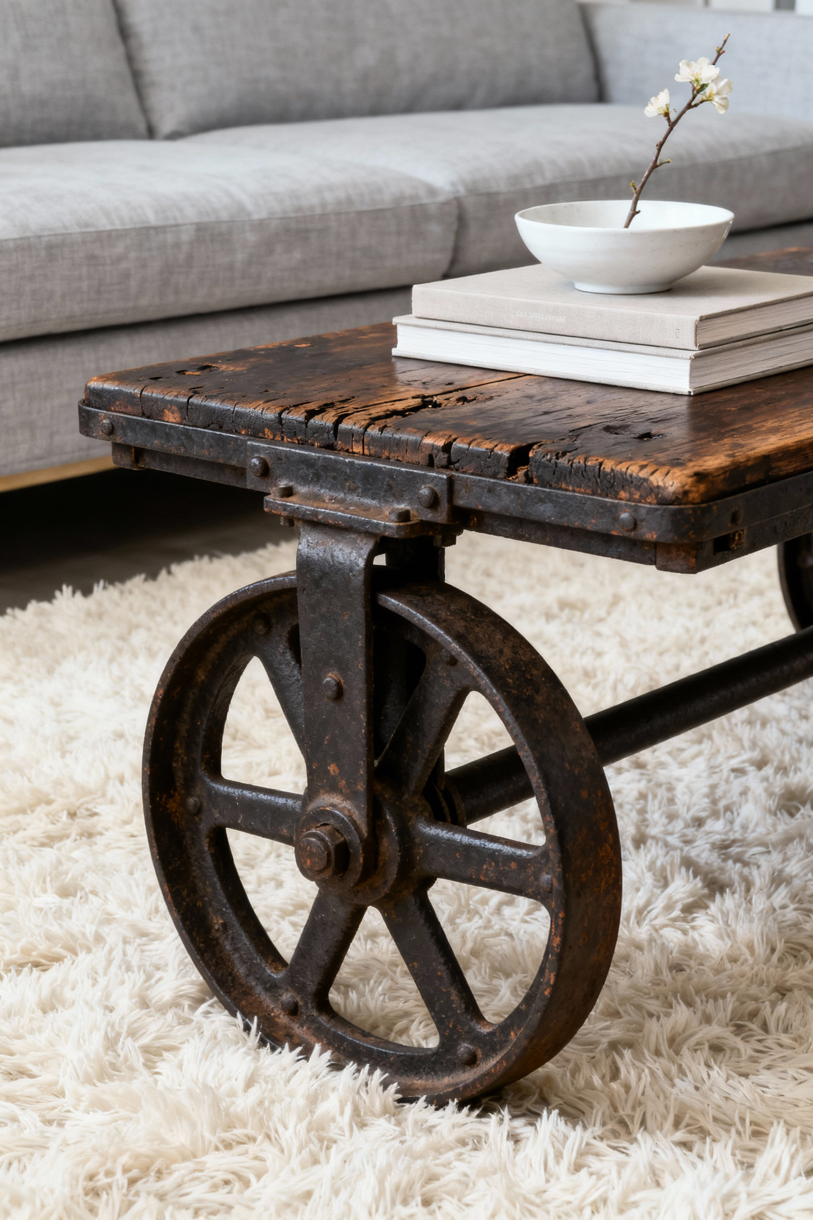 Repurposed industrial textile cart used as a heavy, dark wood and iron coffee table in a modern, light-filled living room.