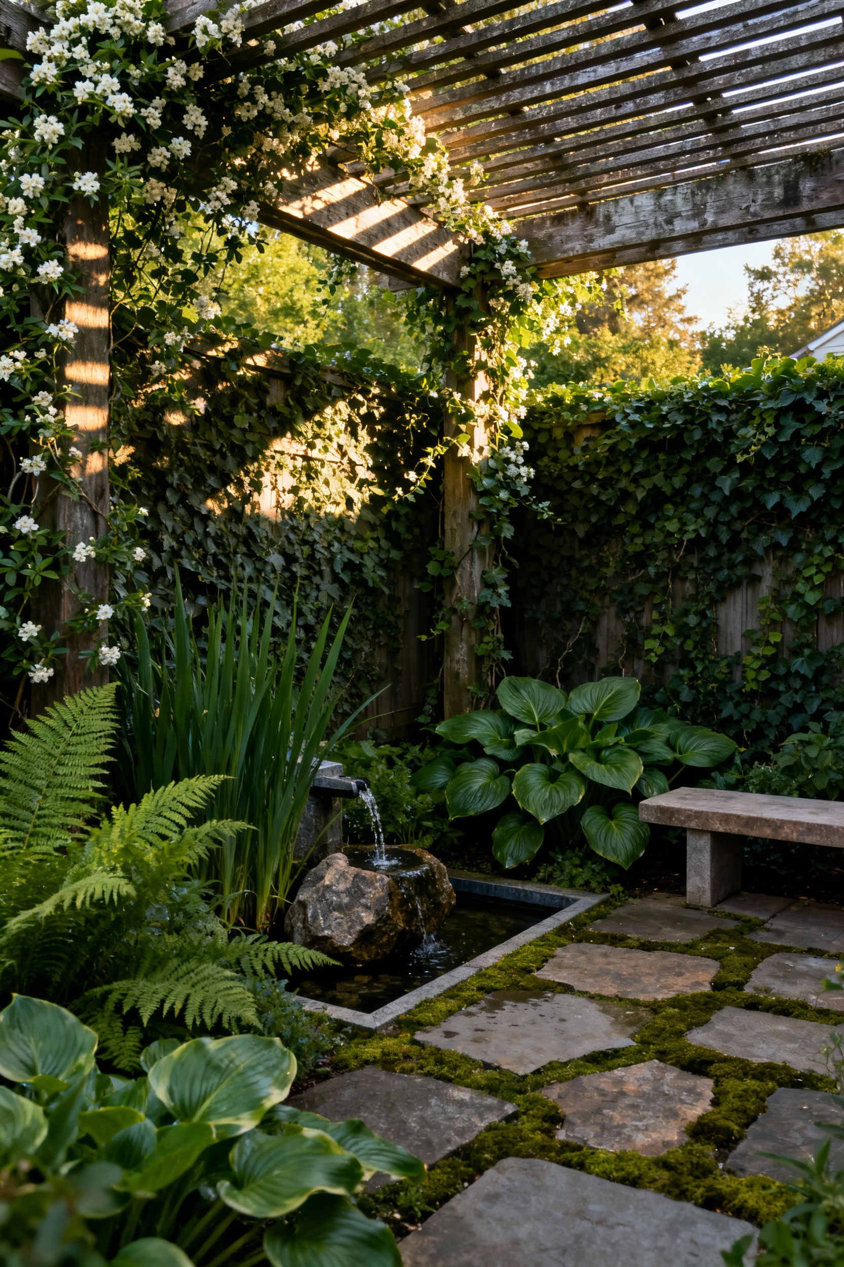 A serene backyard quiet corner featuring a shaded pergola, layered greenery for seclusion, and a subtle rock bubbler water feature designed as a restorative healing sanctuary based on environmental psychology.