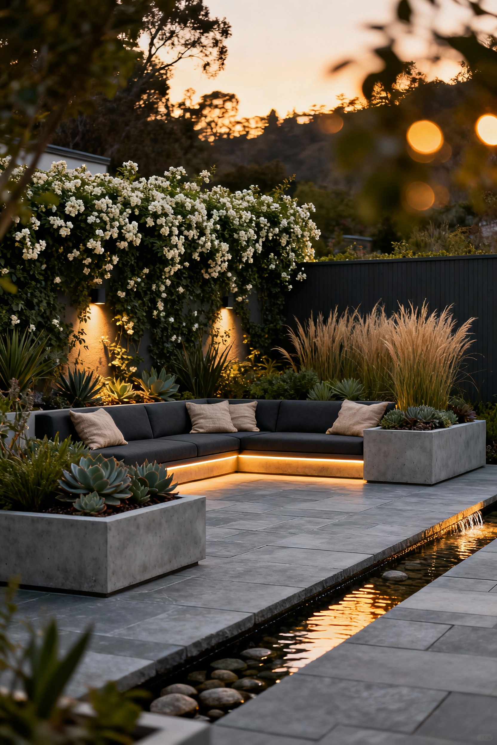 A photograph of a modern, low-maintenance backyard patio at dusk, featuring durable stone hardscaping, native plants, a trickling water feature, and warm ambient lighting designed for deep relaxation and sensory grounding.