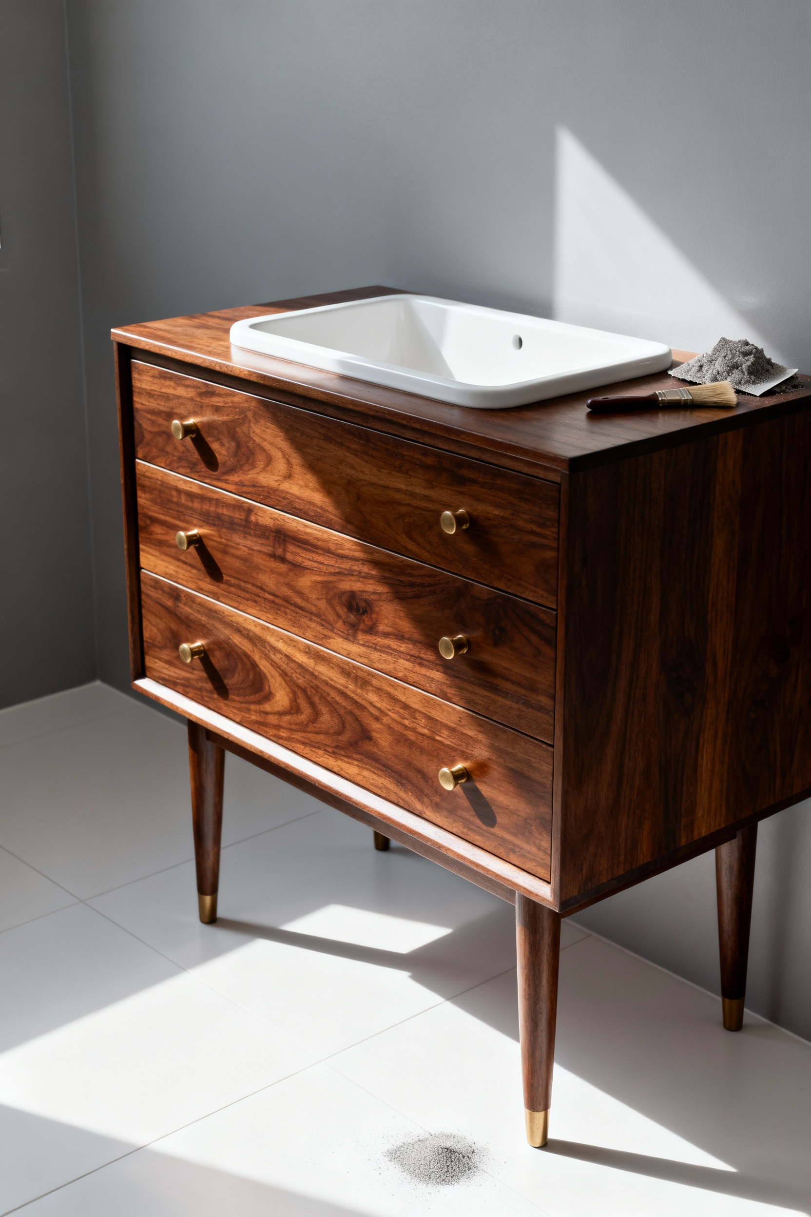 A beautifully restored mid-century modern dresser converted into a bathroom vanity, featuring a crisp white sink basin, new brass fixtures, and rich walnut wood, highlighting the value of restoring existing structures.