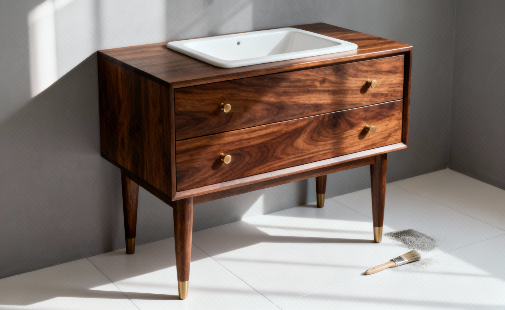 A beautifully restored mid-century modern dresser converted into a bathroom vanity, featuring a crisp white sink basin, new brass fixtures, and rich walnut wood, highlighting the value of restoring existing structures.