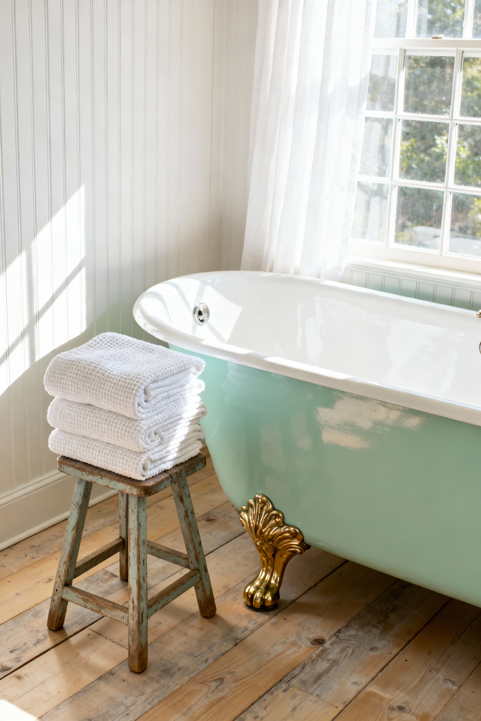 A bright, high-key image of a professionally restored antique cast-iron clawfoot tub with brilliant white enamel and polished brass feet, set in a rustic cottage bathroom with white beadboard walls and distressed wood floors.