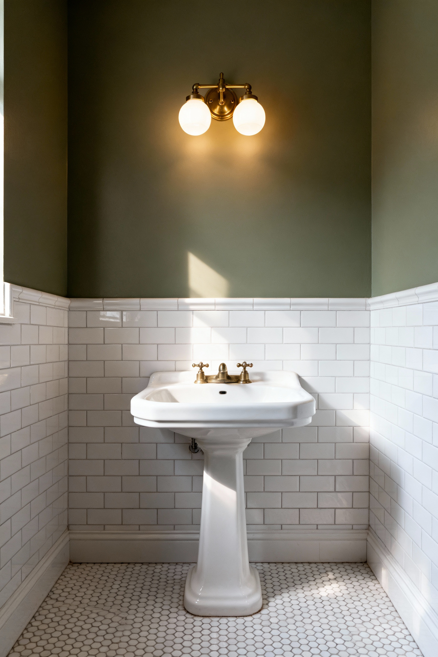 An elegant retro sage green bathroom featuring a white pedestal sink, subway tile, and a prominent 1920s-style schoolhouse light fixture with an opaque milk glass globe.