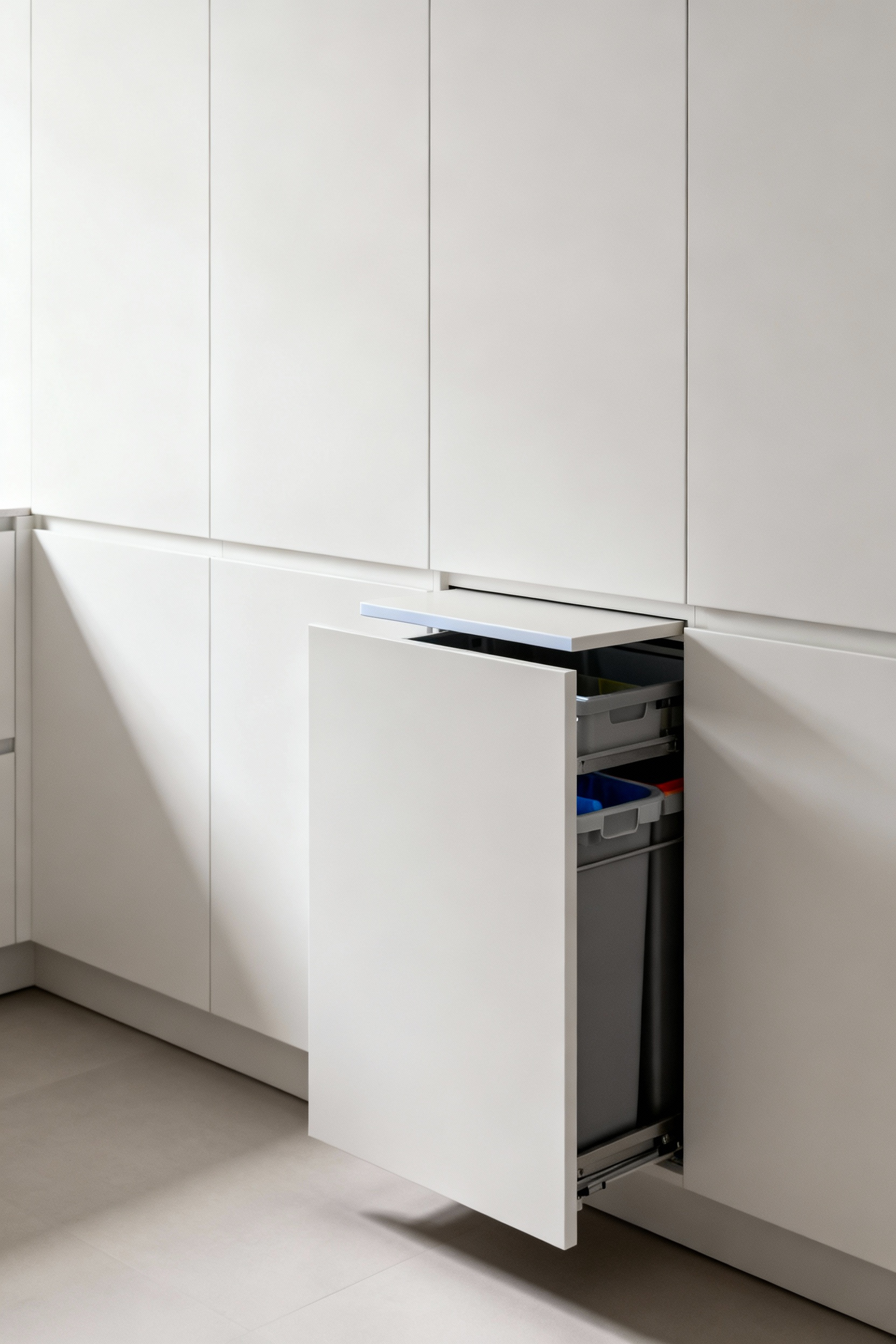 A modern minimalist kitchen featuring a discreet waste management system integrated seamlessly into sleek, handleless white cabinetry, with pull-out bins partially visible inside, showcasing clean design and hidden functionality.