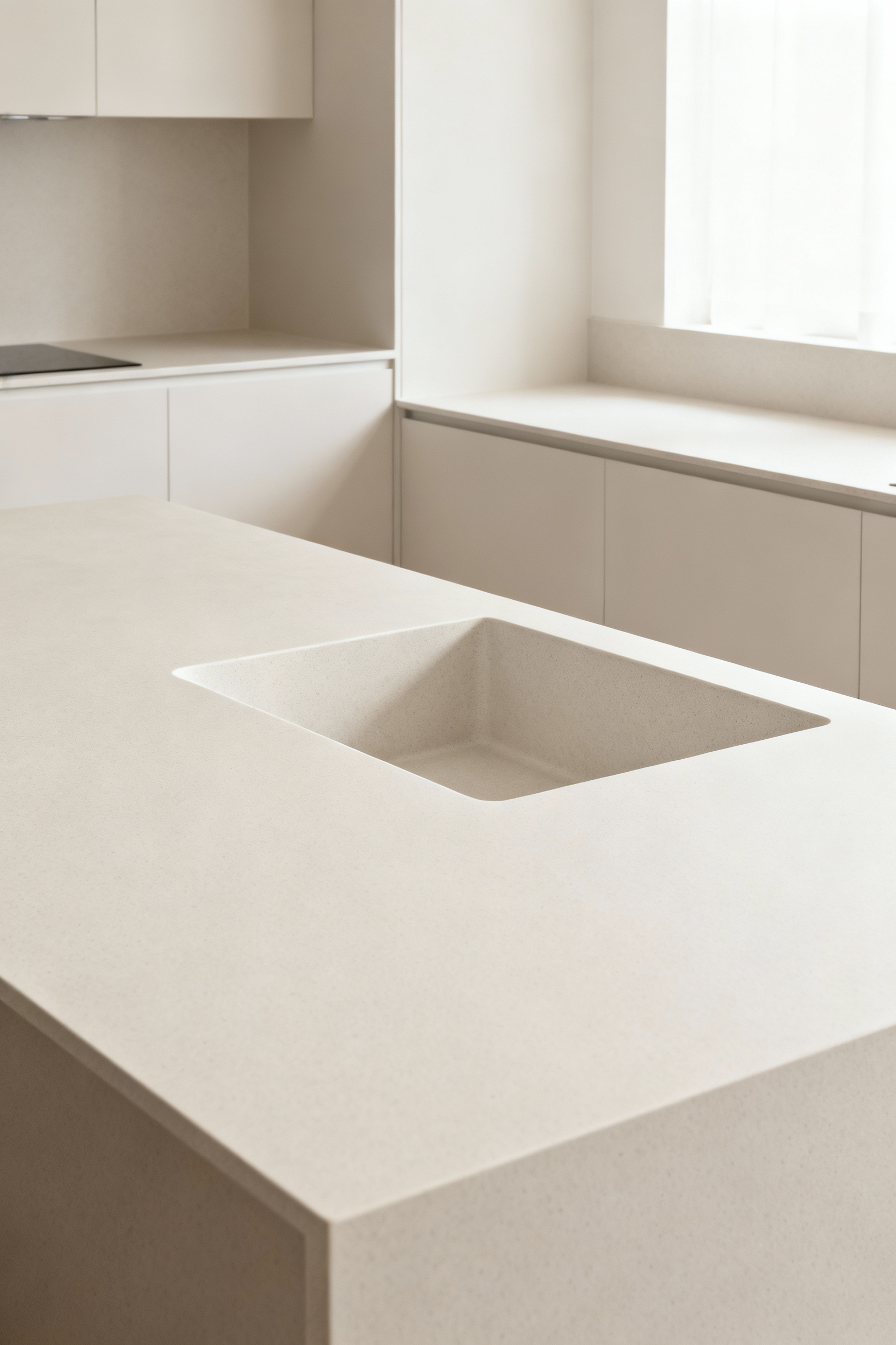 A modern minimalist kitchen countertop featuring a seamless integrated sink, made from ultra-low maintenance, resilient sintered stone.