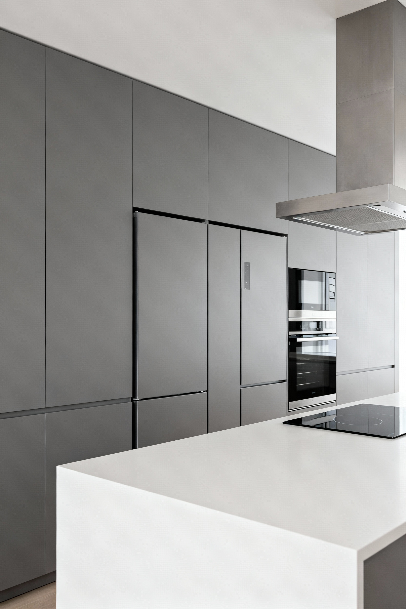 Minimalist kitchen with seamless matte grey cabinetry, integrated refrigerator and oven, hidden hardware, and a flush-mounted induction cooktop, creating a visually continuous and tranquil space.