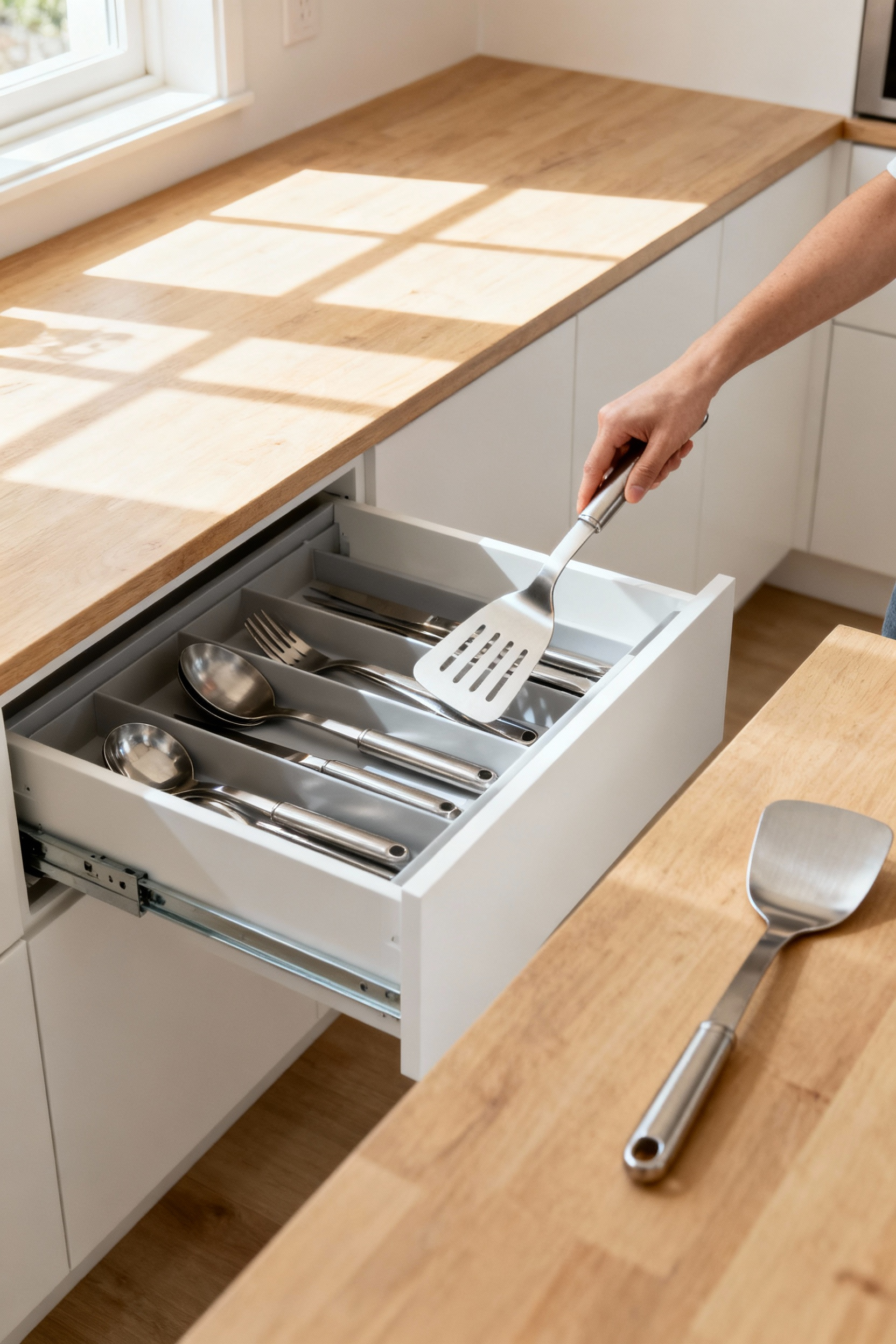 A sleek kitchen showing organized utensils in a drawer, illustrating the 'one-in, one-out' principle for minimalist inventory management.