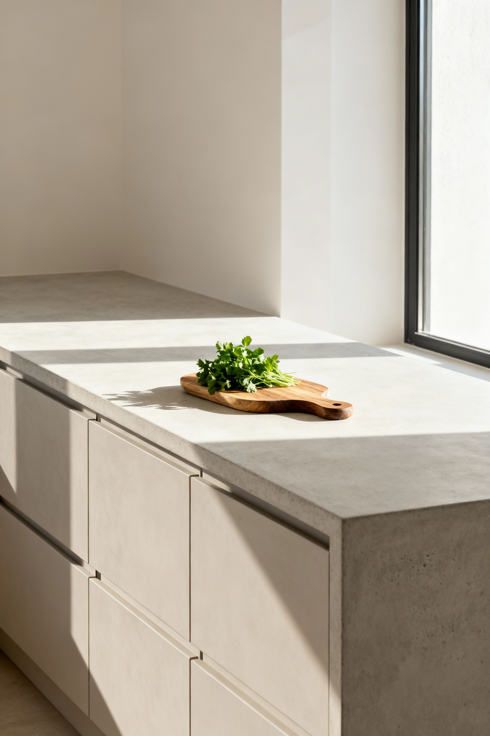 Close-up of a minimalist kitchen counter with fresh herbs on a wooden board, symbolizing a culinary mindfulness sanctuary.