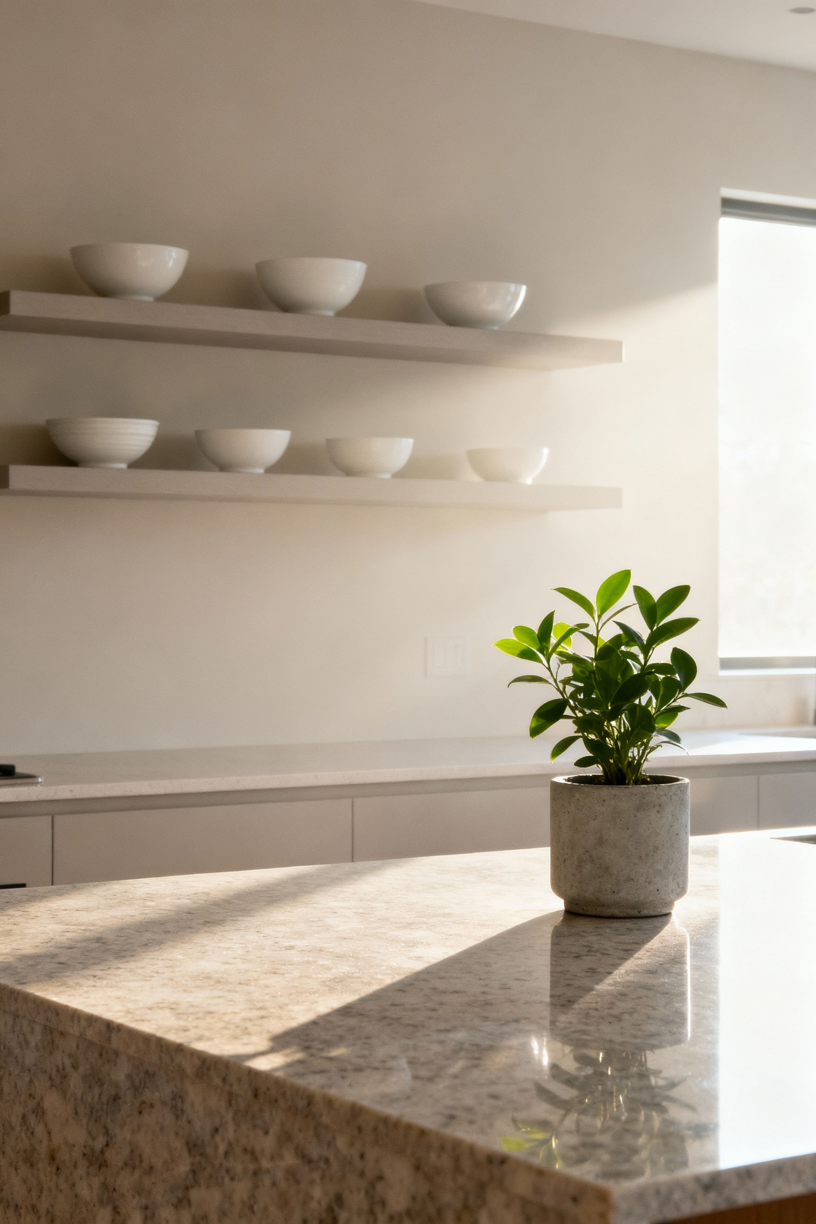 Minimalist kitchen counter impeccably clean and organized, daily decluttering ritual, lasting order, serene kitchen design.