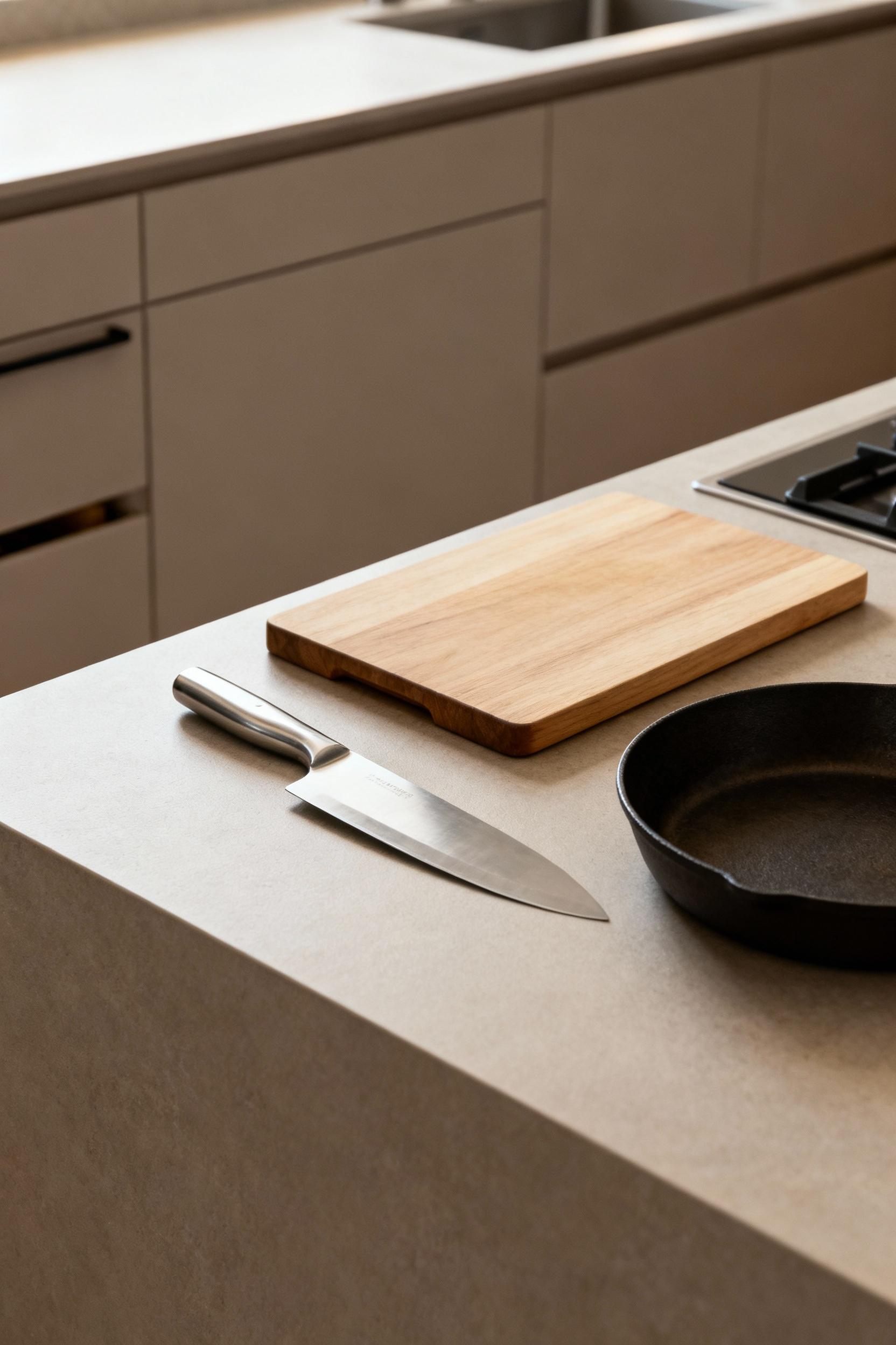 A minimalist kitchen countertop with a curated collection of essential culinary tools including a chef's knife, wooden cutting board, and cast iron pan, set against a backdrop of handle-less cabinetry, emphasizing calm and efficiency.