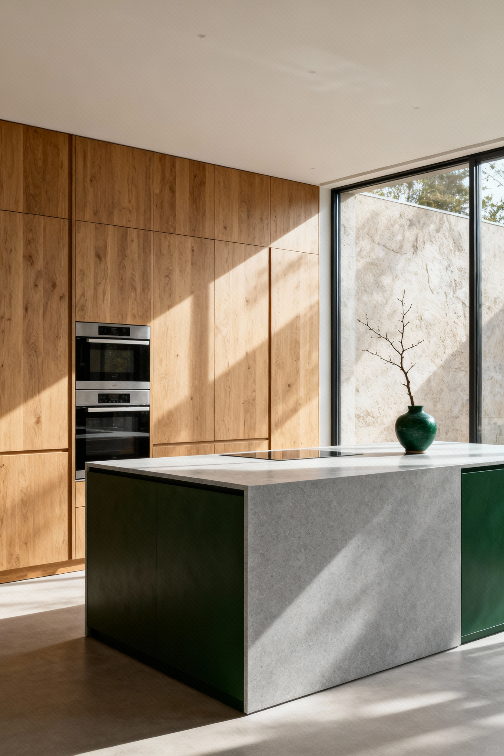 A minimalist kitchen with light oak cabinetry, honed quartz countertops, and seamless appliance integration, promoting enduring serenity and timeless design.