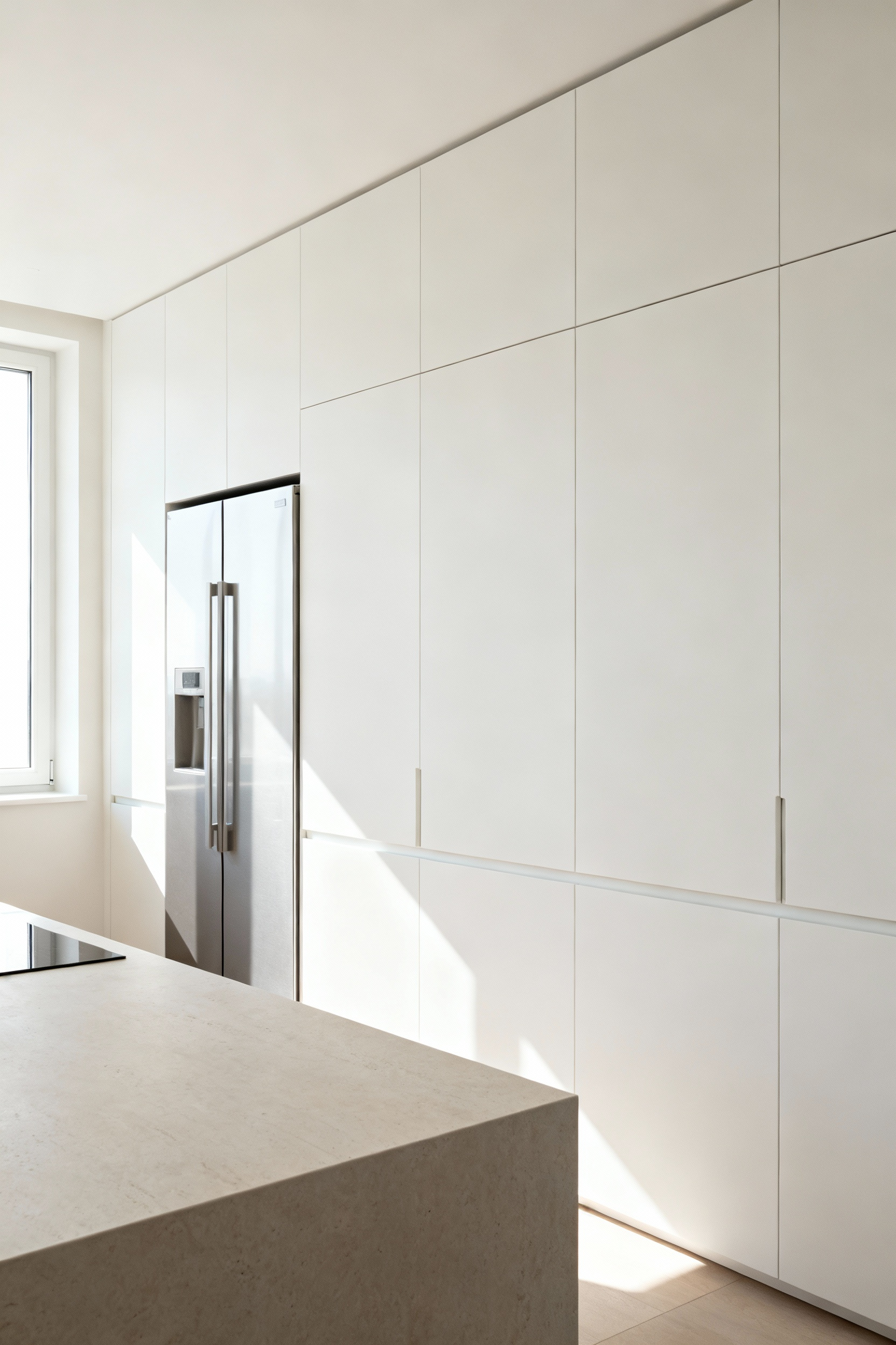 Minimalist kitchen featuring seamless, handleless cabinetry with integrated concealed storage systems, creating a visually uncluttered and serene aesthetic.