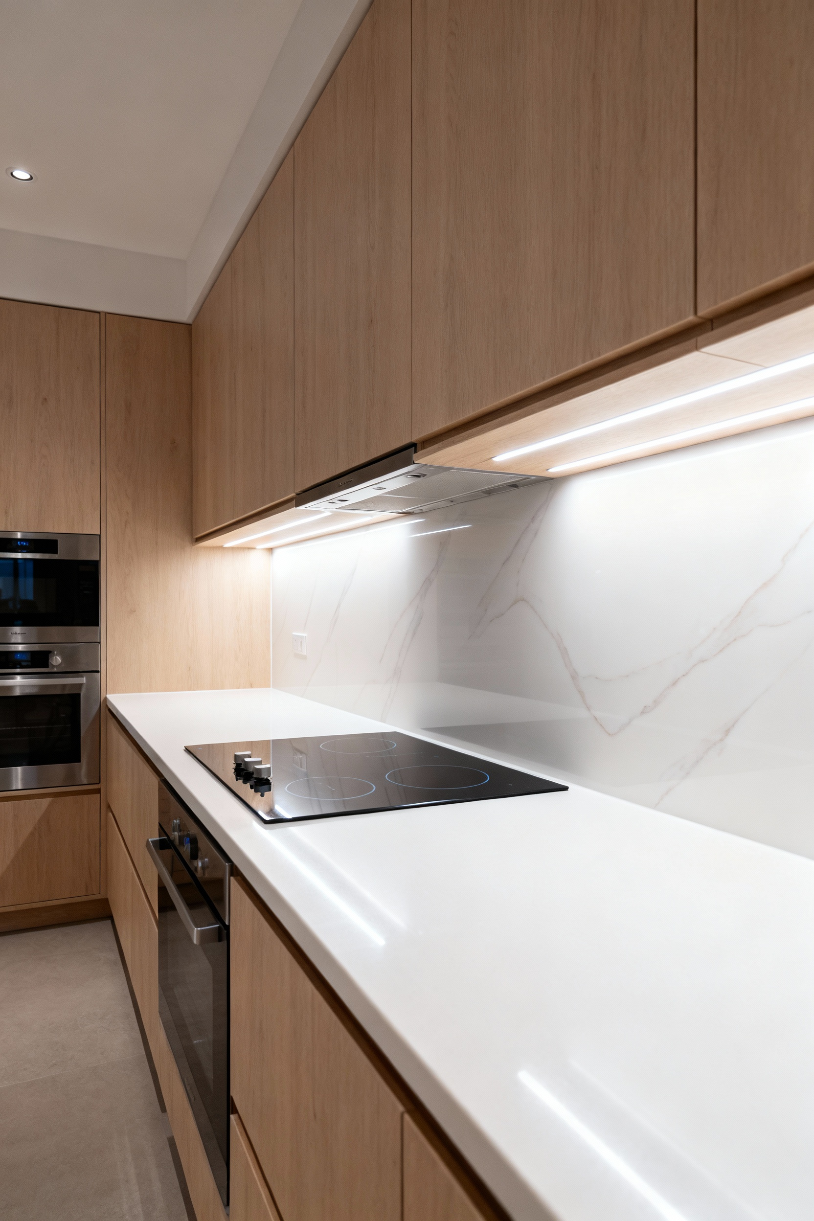 A minimalist kitchen featuring integrated layered task lighting. Under-cabinet LED strips illuminate a pristine countertop and stovetop, complemented by subtle recessed lighting and accent lighting, creating a bright yet serene environment.