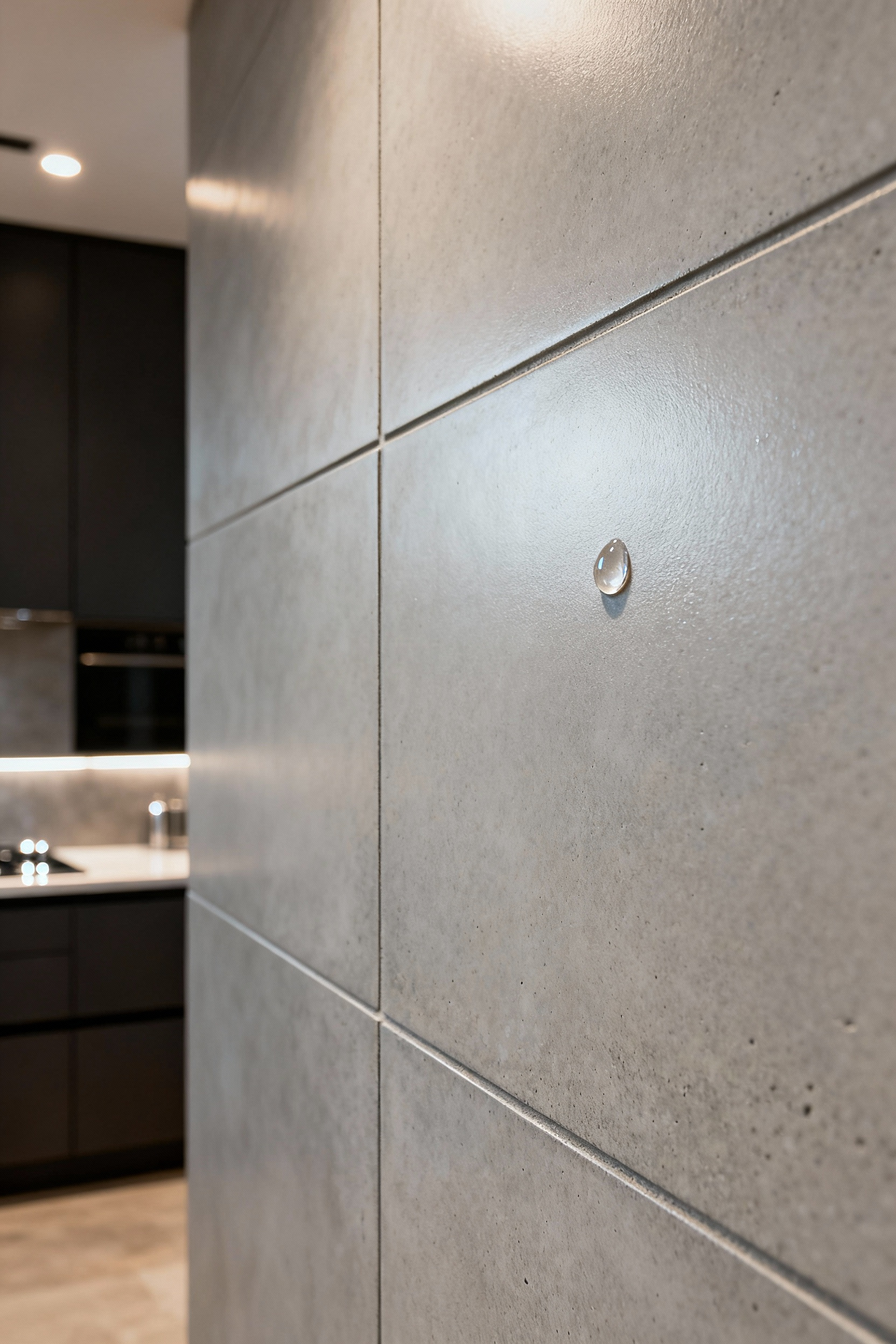 Close-up of a meticulously maintained concrete kitchen backsplash with a water droplet beading, symbolizing proactive care and material stewardship for enduring beauty.