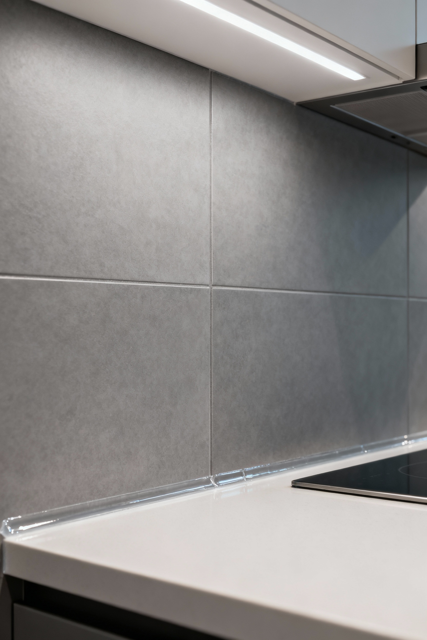 Pristine large-format porcelain kitchen backsplash corner, perfectly sealed and waterproofed, showcasing durability in an urban interior.