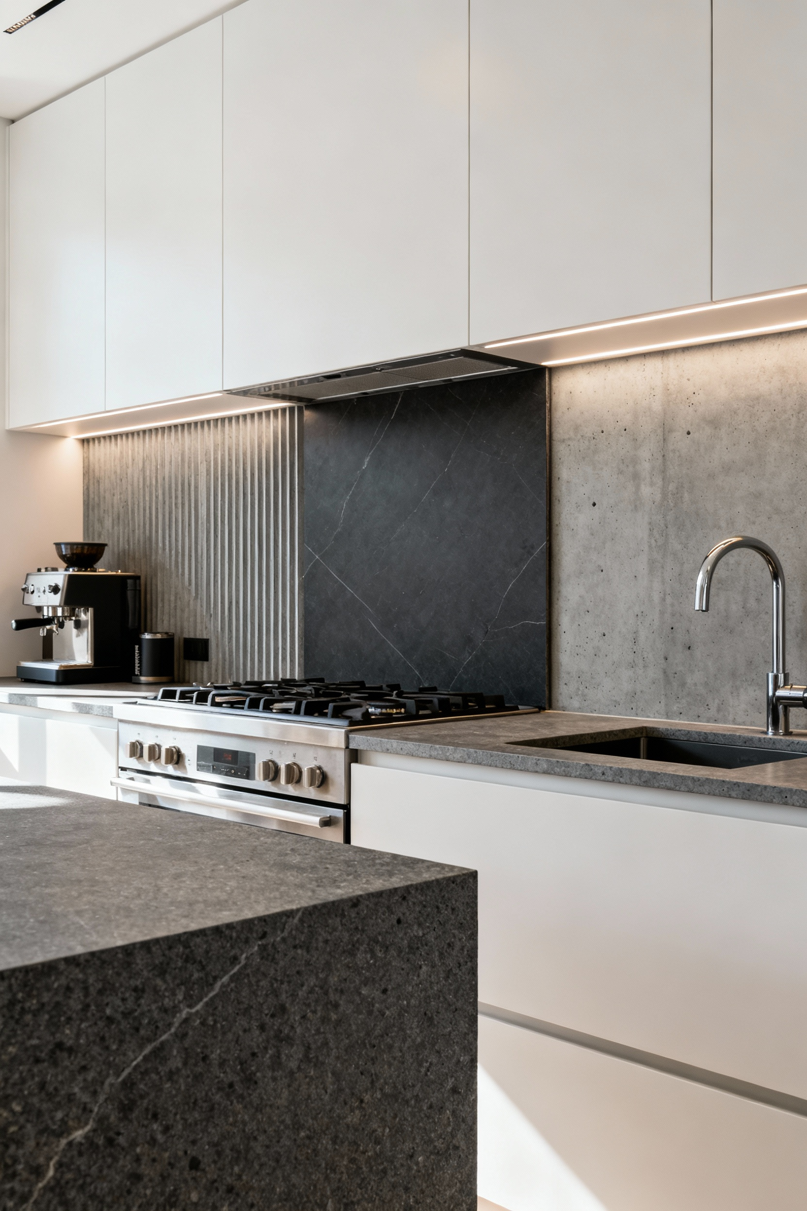 A modern urban kitchen demonstrating strategic backsplash zoning with different materials: dark porcelain behind the cooktop, fluted concrete at the coffee station, and honed basalt at the sink.