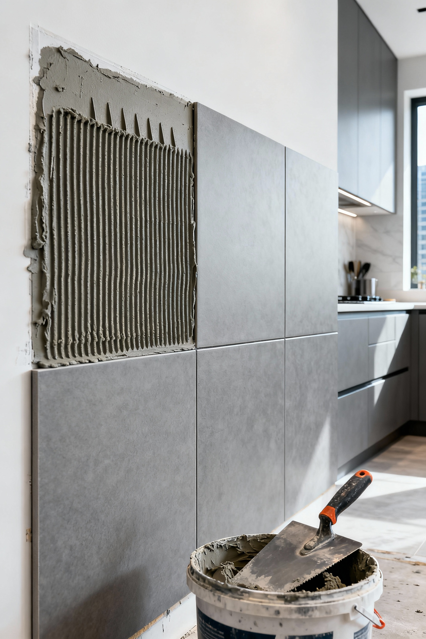 A professional image depicting the application of tile adhesive on a kitchen wall using a notched trowel, next to modern large-format backsplash tiles, emphasizing secure tile installation techniques in an urban interior.