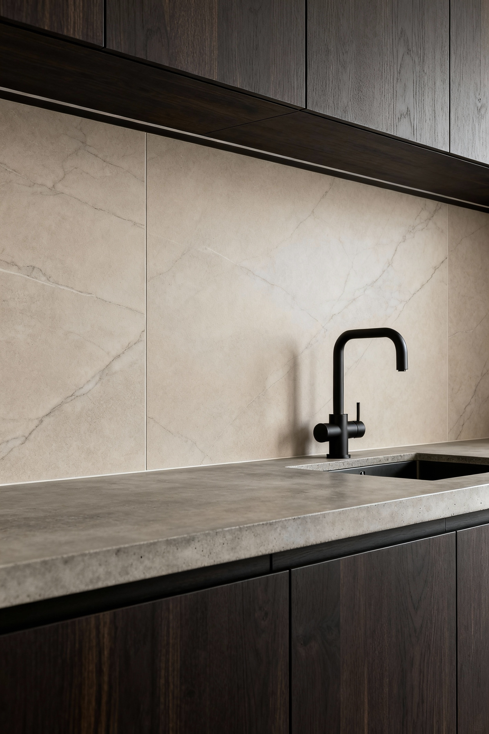 Close-up of a sophisticated urban kitchen backsplash made from large-format greige porcelain, showcasing its smooth, durable finish. Features an undermount sink and matte black faucet, emphasizing sleekness and modern design. Professional photo, no people.
