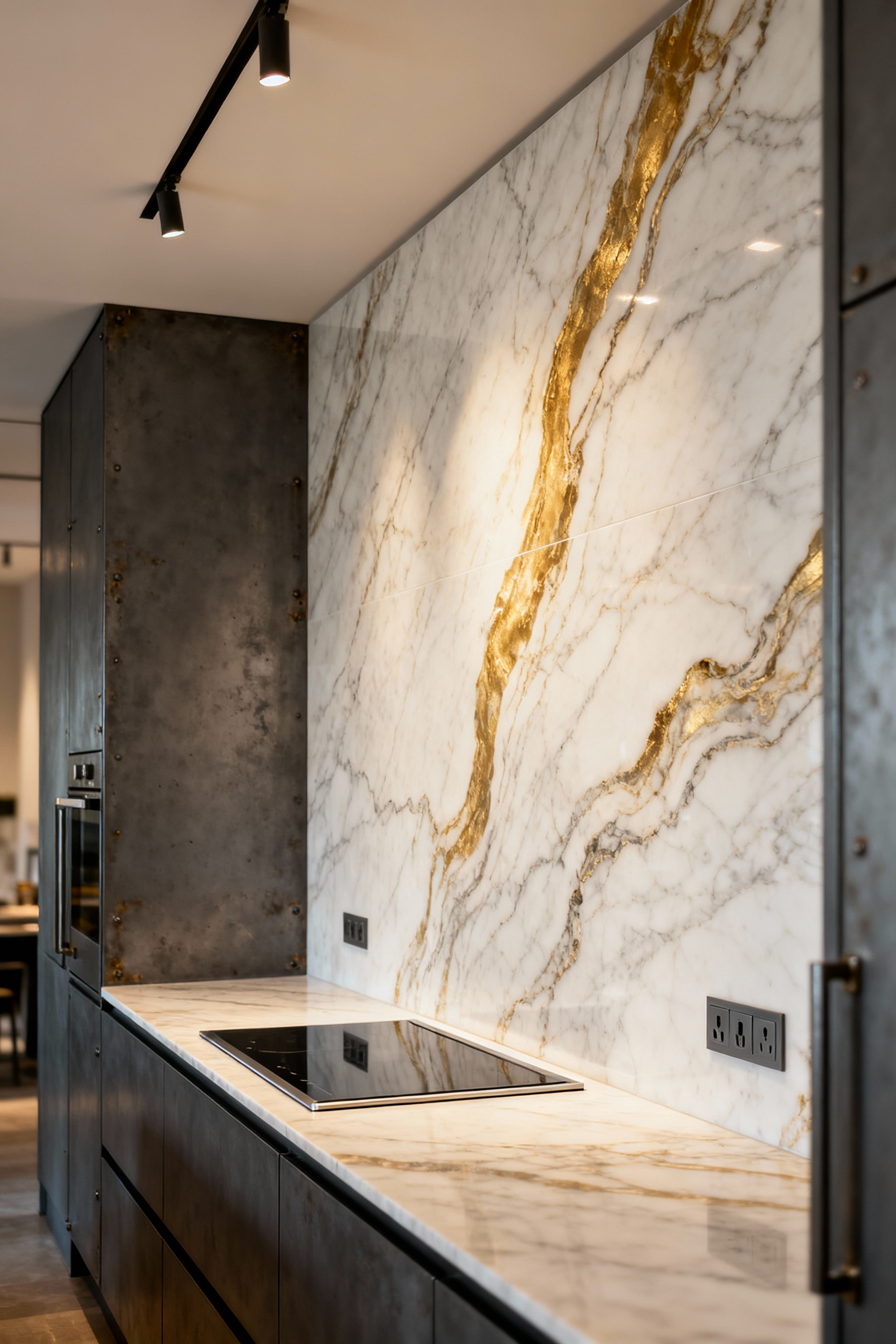 Portrait image of a modern urban kitchen featuring a custom-fabricated backsplash made from a single slab of Statuario Venato marble, with seamless integration and dark metallic accents.
