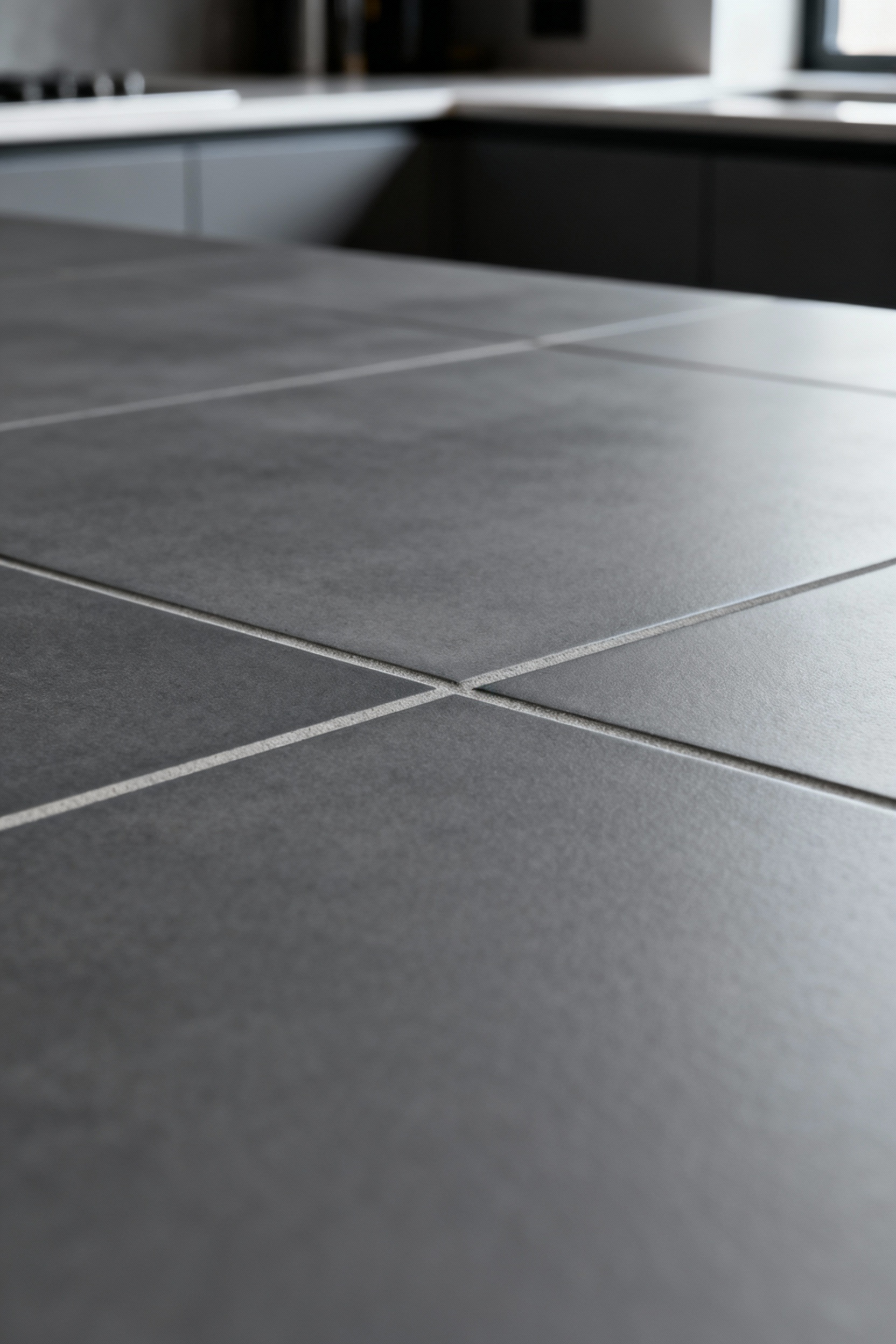 Close-up of a flawlessly applied charcoal grout line on a dark grey large-format porcelain kitchen backsplash, showcasing a smooth, polished, and impervious seal in an urban kitchen setting.