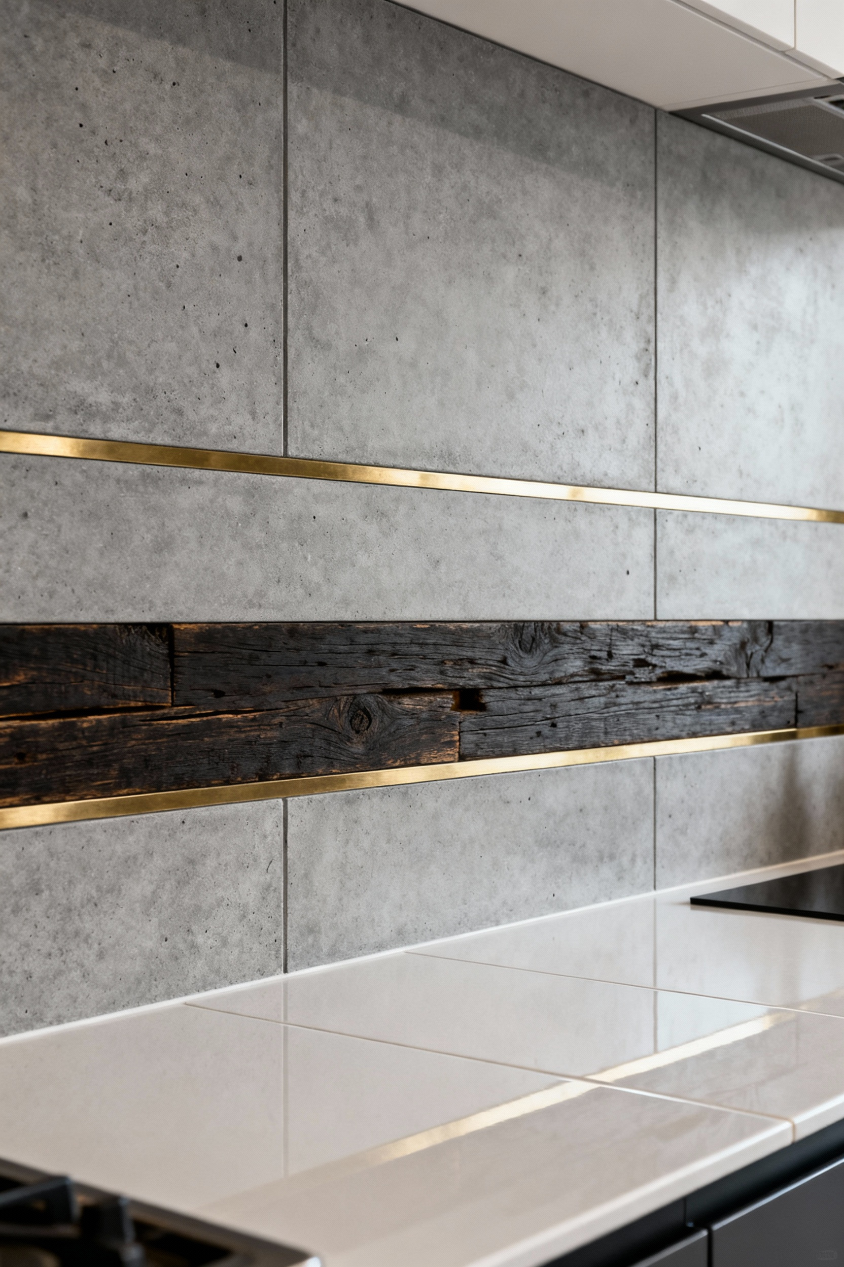Sophisticated urban kitchen backsplash with integrated honed grey concrete panels and brushed brass accents, complemented by elements of reclaimed wood and polished porcelain, emphasizing visual depth and harmonized contrast.