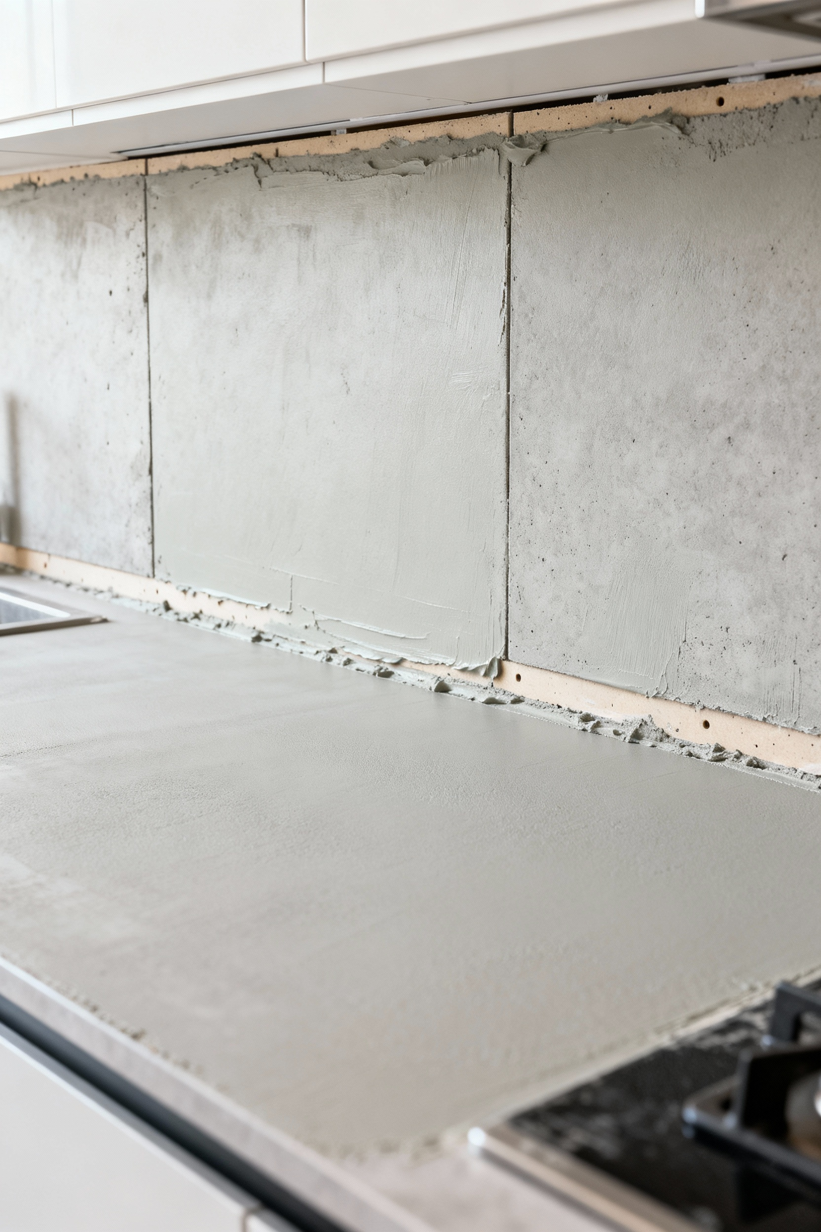 Immaculately prepared kitchen wall section, clean, flat, and primed with a light grey bonding agent, ready for backsplash installation. Emphasizes foundational quality for flawless tile adhesion.