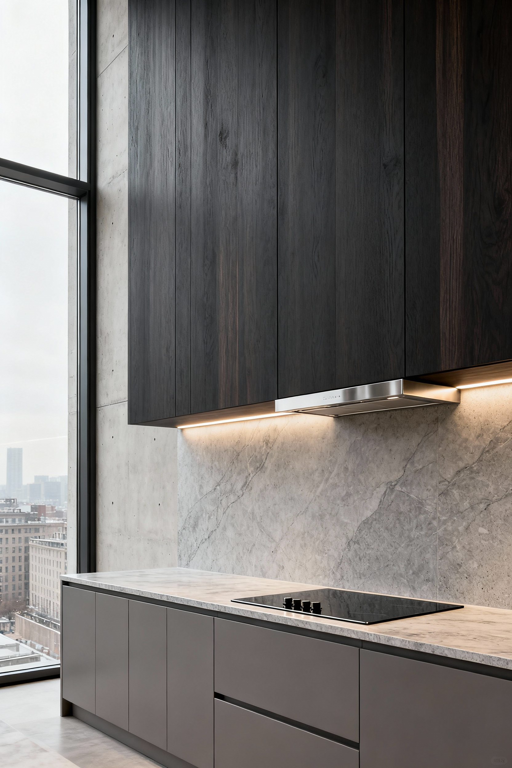 Modern urban kitchen with a full-height backsplash made of large-format sintered stone, extending from the countertop to the upper cabinetry, showcasing seamless vertical protection and dramatic visual impact. Integrated linear lighting highlights the backsplash texture.