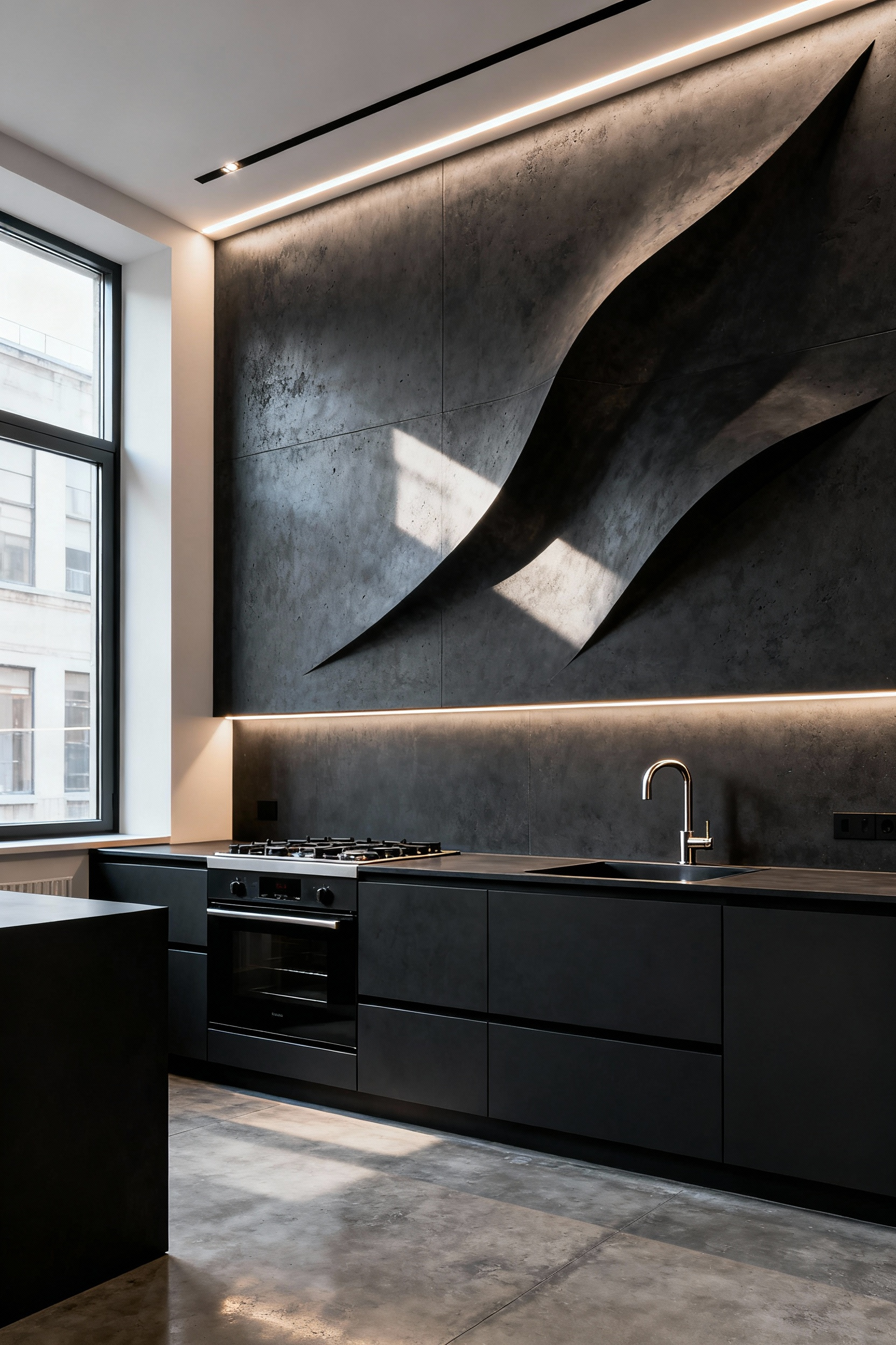 A modern urban kitchen with a floor-to-ceiling backsplash acting as a minimalist art installation, made from a seamless, dark porcelain or concrete slab with integrated LED lighting highlighting its texture.
