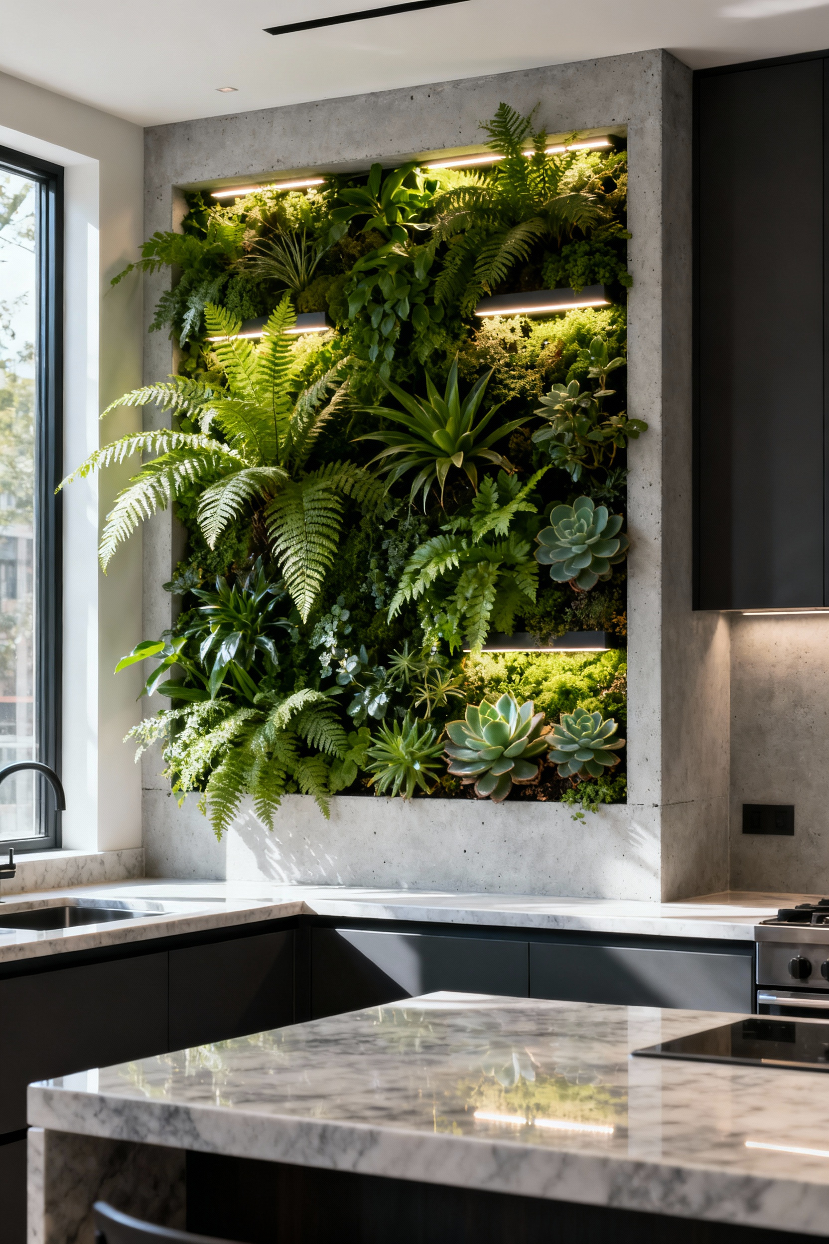 Lush green living wall kitchen backsplash with ferns and succulents, integrated into a modern urban kitchen interior with quartz countertops.