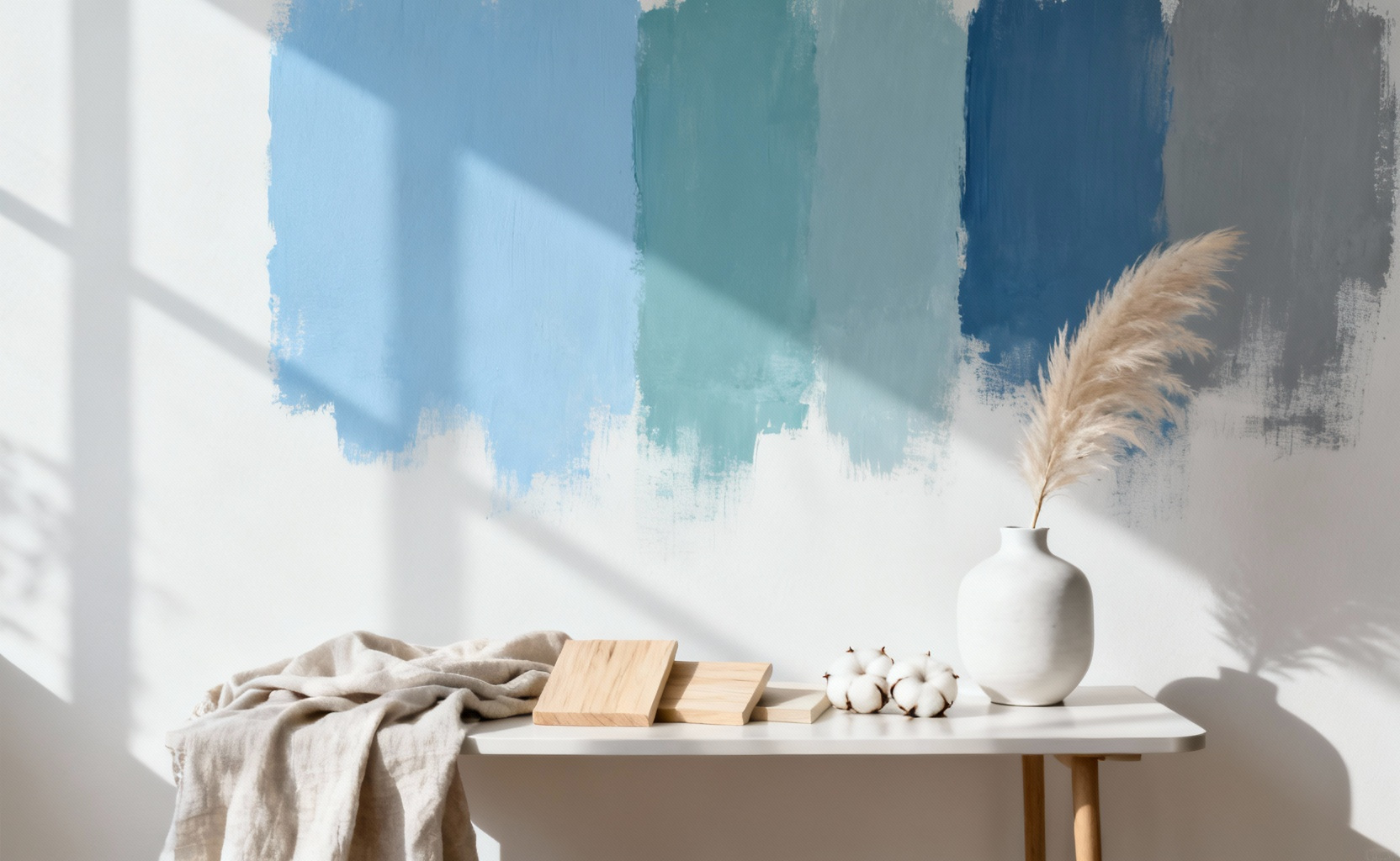Bedroom scene displaying various blue paint swatches and natural material samples for selecting calming blue hues, with soft natural light