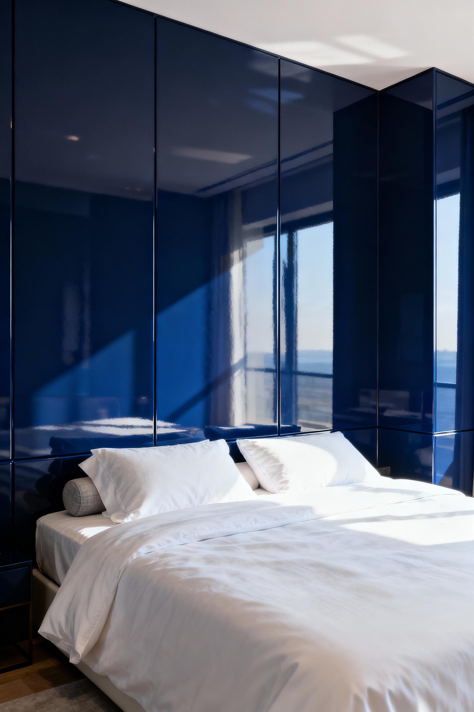 Modern bedroom with high-gloss navy blue reflective panels on an accent wall, amplifying light and creating a serene, spacious feel.