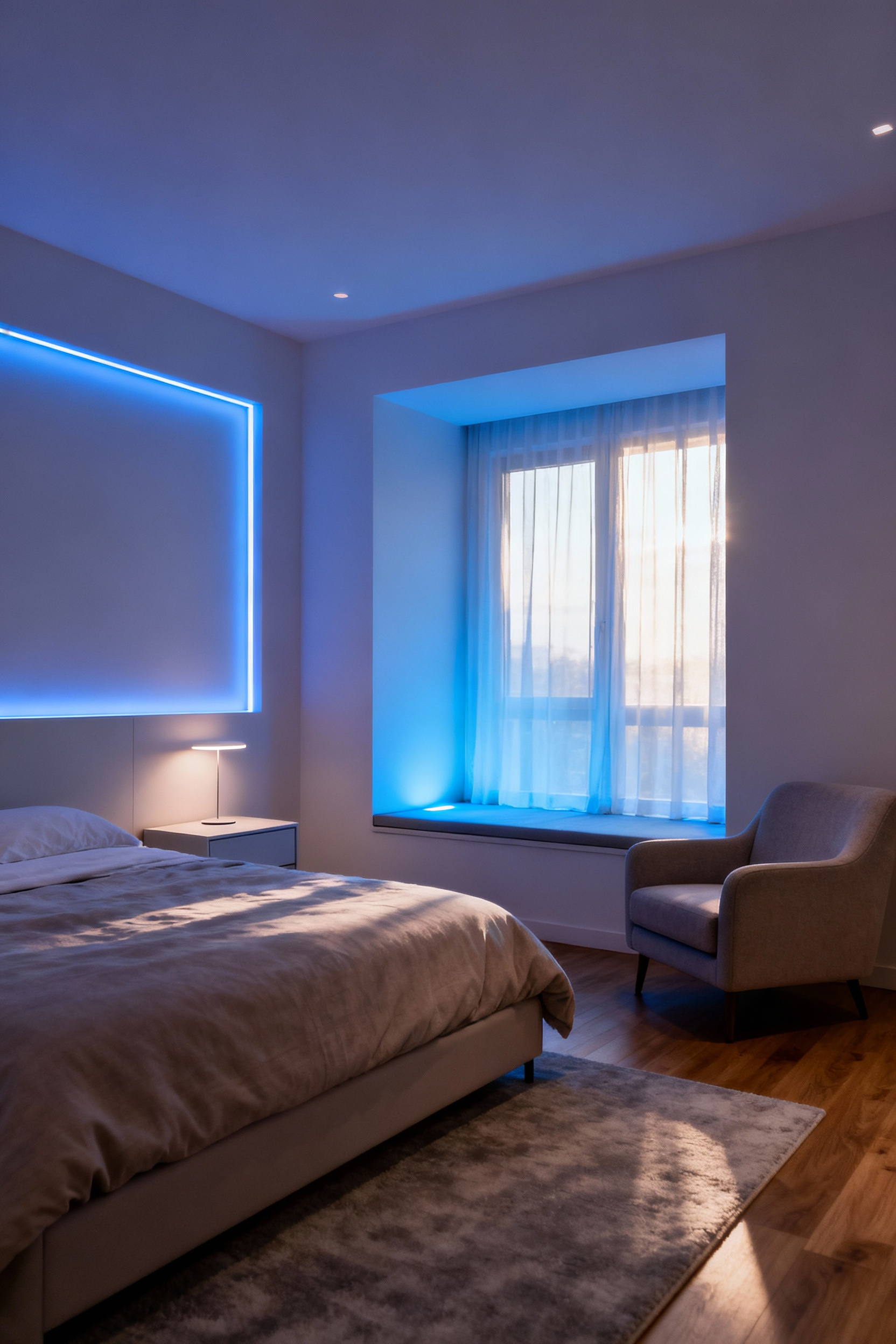 Bedroom with flexible blue zoned lighting, dimmable LED strips creating varied blue light hues for relaxation and focused tasks, modern design, serene ambiance.