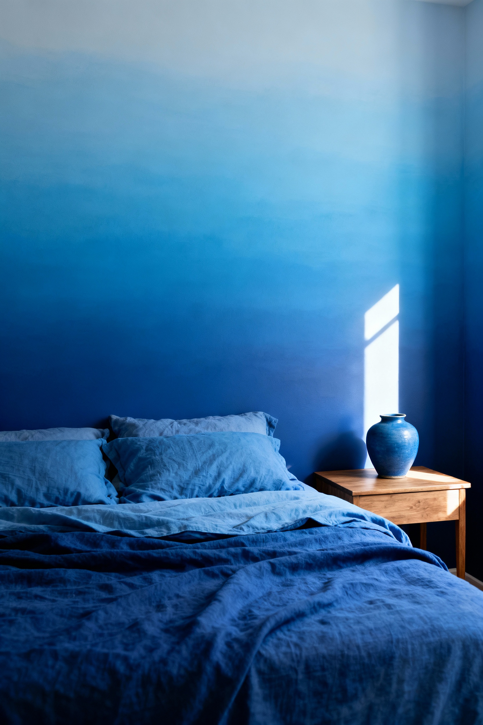 Bedroom with gradient blue walls, deep indigo transitioning to light sky blue. Cozy linen bedding in coordinating blue shades. Tranquil and serene decor, showcasing a seamless flow effect for a peaceful retreat.