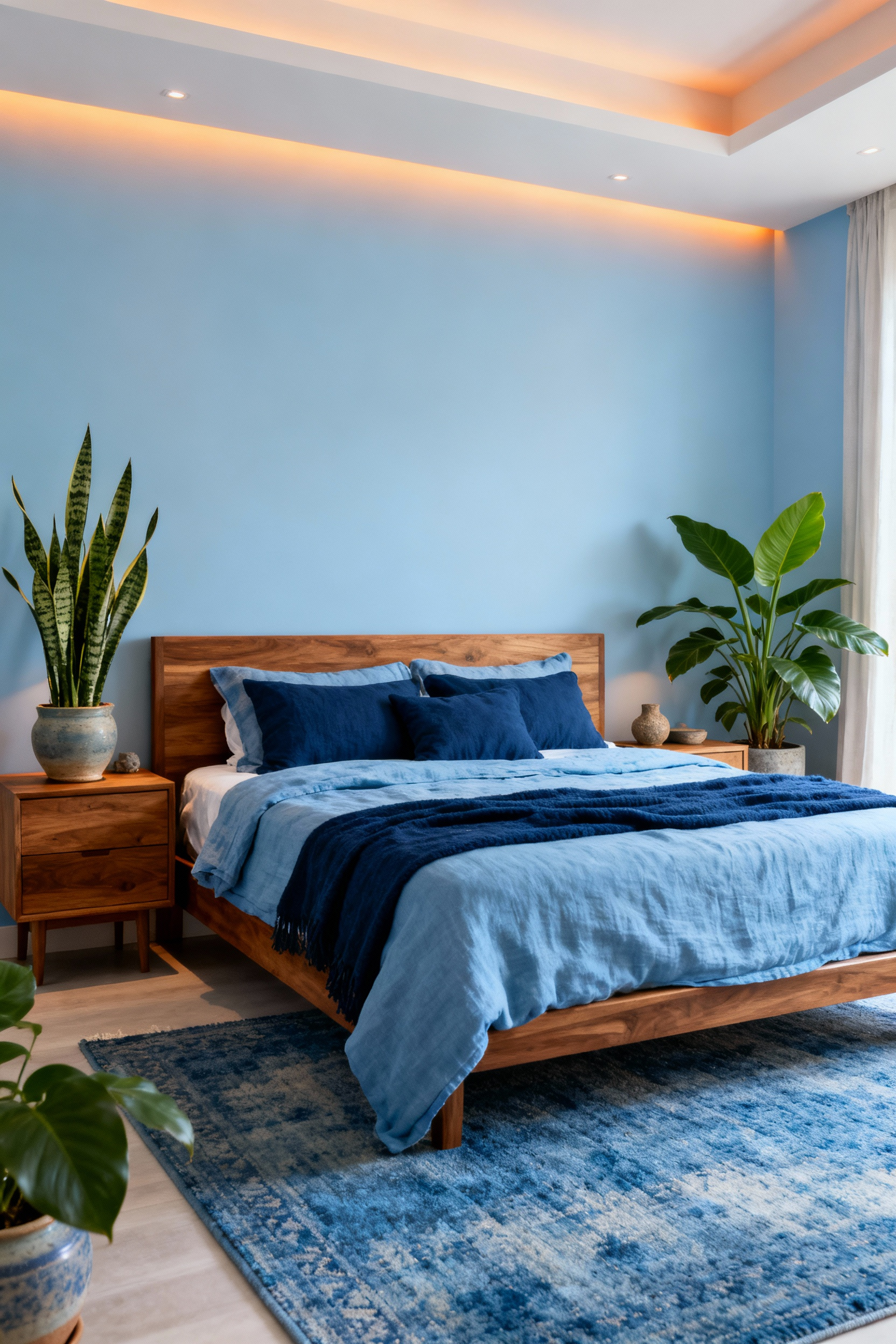 A portrait image of a tranquil personalized blue bedroom designed for regenerative rest, featuring layered blue textiles, natural wood furniture, green plants, and soft ambient lighting.